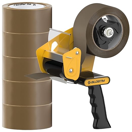 BLOSTM Tape Gun & Strong Packing Tape 6pcs Brown Parcel Tape Dispenser for Packing Boxes