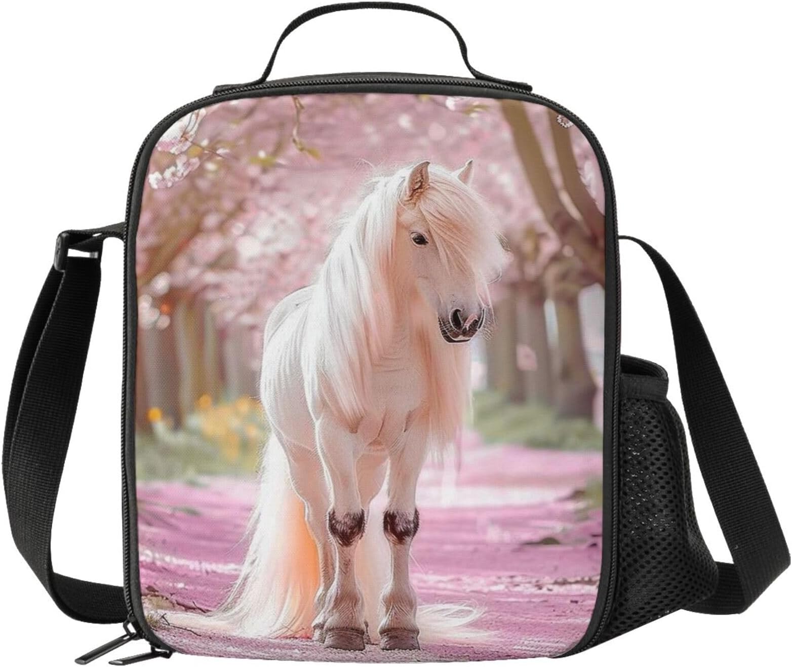 White Horse Lunch Box - Insulated Lunch Box for Kids with Side Pocket & Shoulder Strap Lunch Bag, Perfect for School/Camping/Hiking/Picnic/Beach/Travel