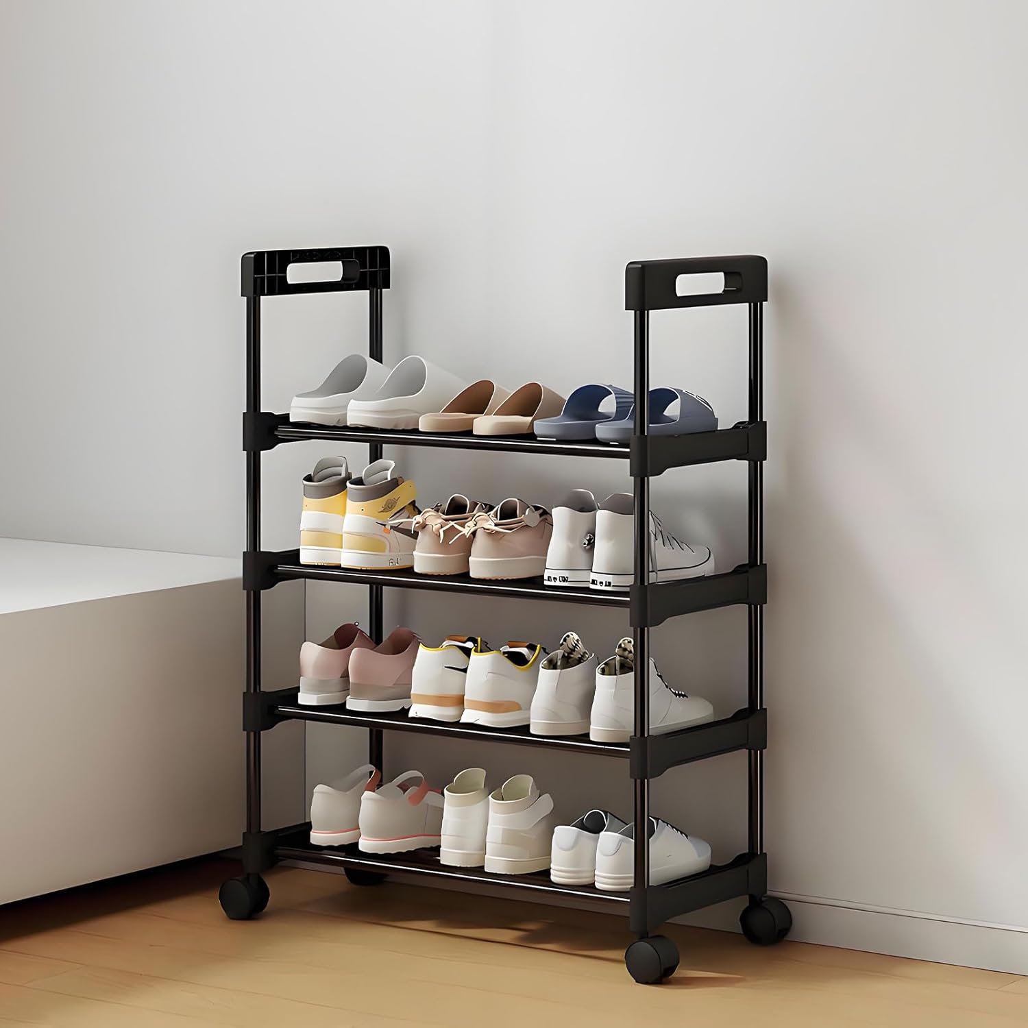 3-Tier Rolling Shoe Rack - Shoe Storage Organizer with Wheels Sturdy Metal Anti-Rust Coating Stackable Design for Entryway, Kitchen, Office
