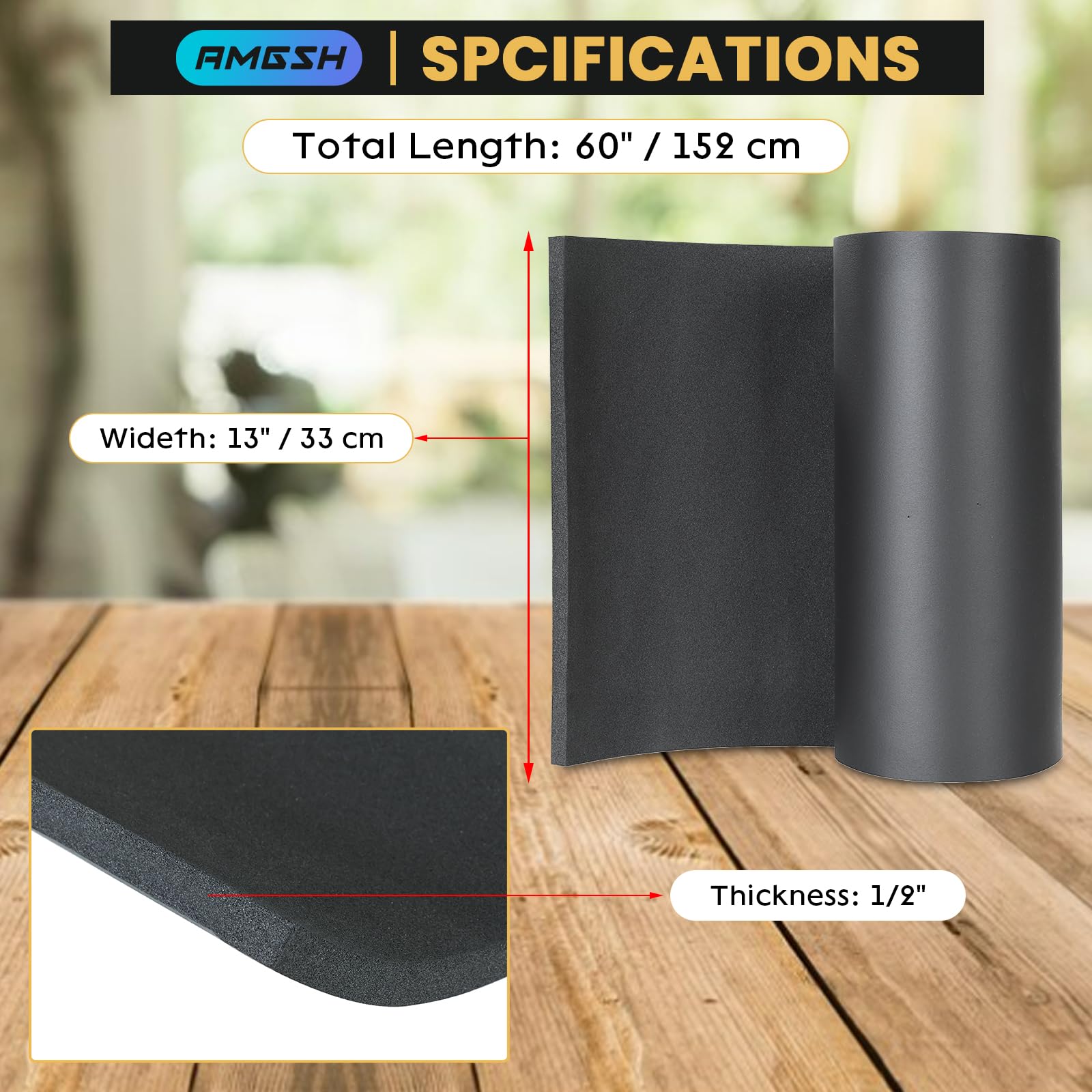 AMGSH Sponge Neoprene Without Adhesive Foam Rubber Sheet,Neoprene Rubber Strips Rolls for DIY Gaskets Pads Seals Crafts Flooring or Cushioning of Anti-Vibration (1, 1/2