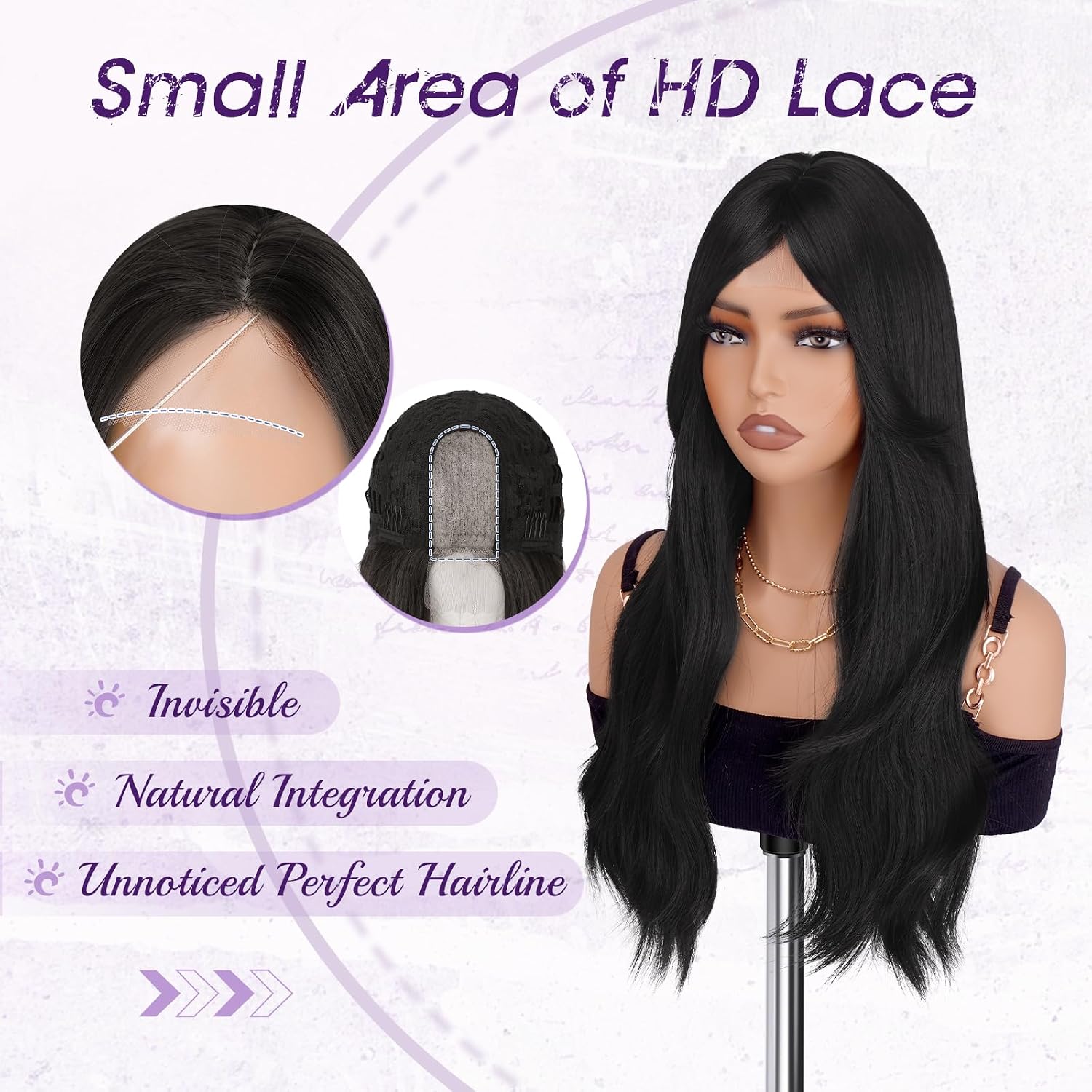 Haloo Black Wigs with Curtain Bangs - Lace Front Hairline Middle Part Long Layered Natural Looking Wavy Hair Synthetic Women Wig for Daily Party, 22 Inch Natural Black