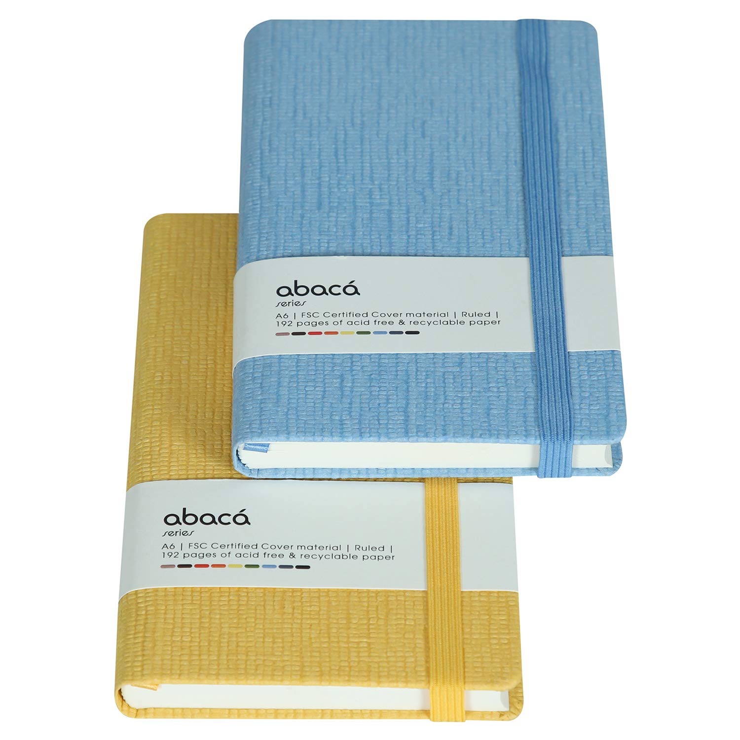 COMMA Abaca – A6 Size – Hard Bound Pocket Notebook with Pen & Elastic Band Closure – 192 Pages – 80gsm Natural Shade Paper – Textured Cover Material – Pack of 2 – (Yellow + Sky Blue)