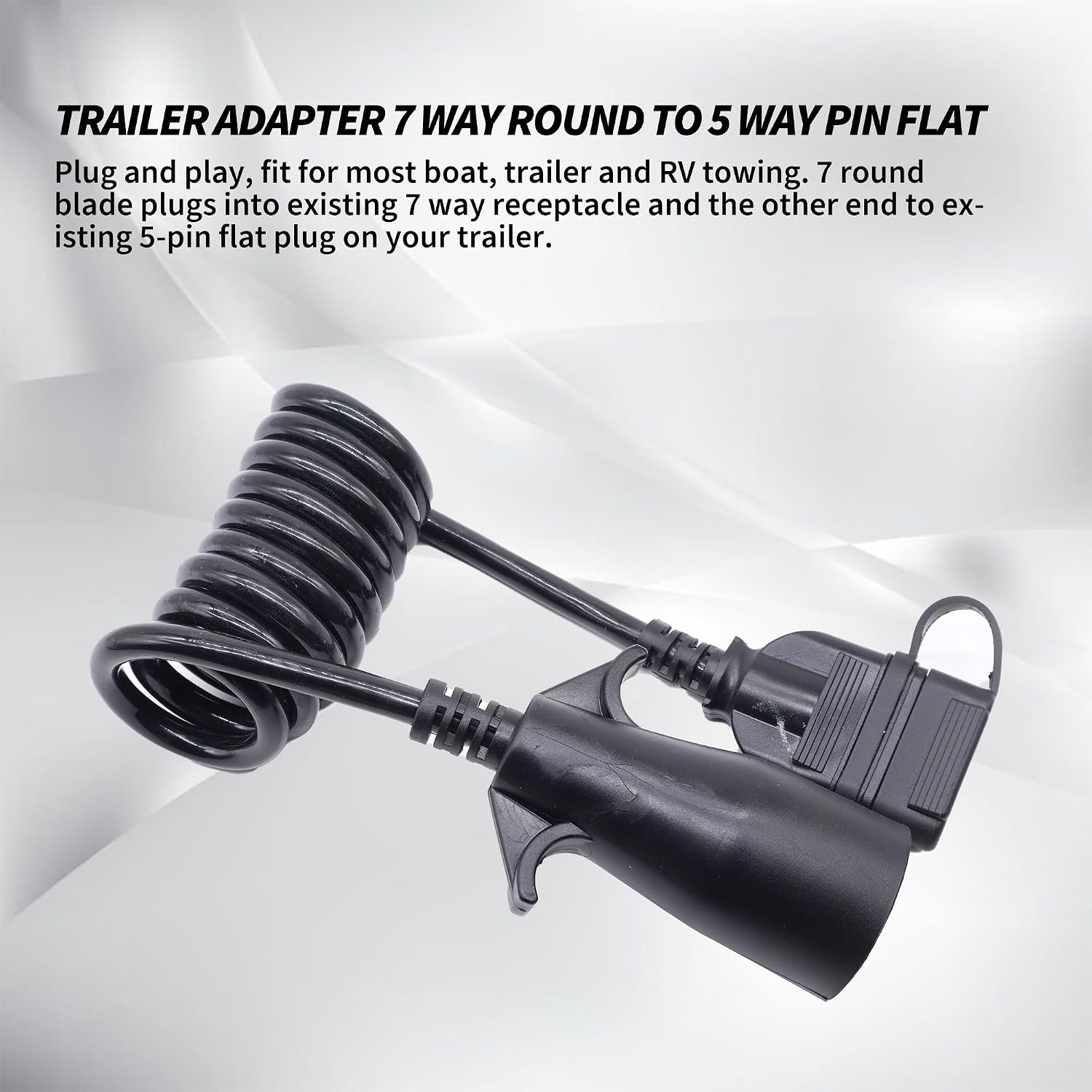 HiSport Trailer Adapter 7 Way Round to 5 Way Pin Flat Wire Coiled Wiring Connector Plug 5FT for Boat Trailer and RV Towing