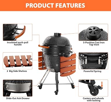 ROOMTEC 18-Inch Kamado Ceramic Charcoal Grill, Portable Grill Charcoal with Cart/Side Shelves/Cover, Tabletop Barbecue Grill for Home Party and Outdoor Backyard Cooking, Black