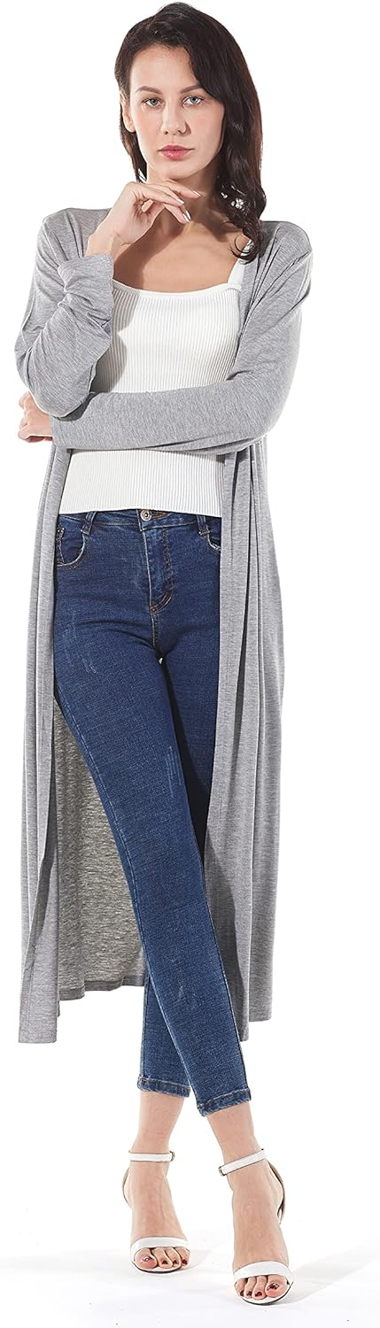 AMGLISE Women's Solid Sweater Essential Duster Long Cascading Open Front Lightweight Blue Cardigan Large Grey