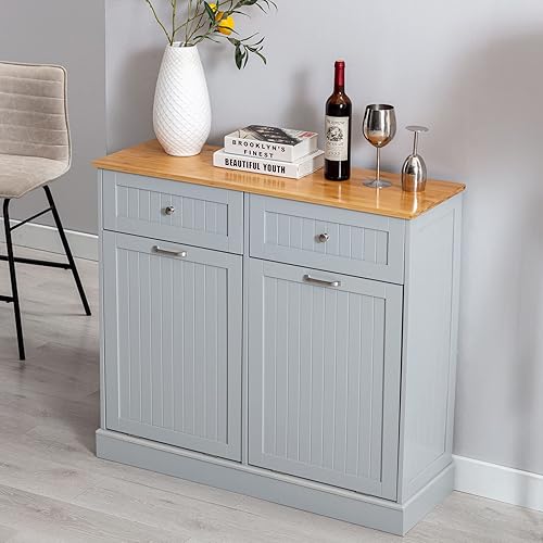 Miniatura 2 de Armario de basura de doble inclinación de 20 galones gabinete de reciclaje de basura de madera independiente con cajón y tabla de cortar extraíble