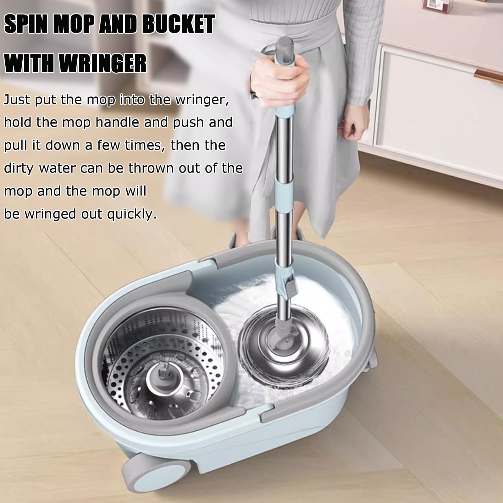 Ensemble serpillère rotative et seau avec essoreuse, poignée réglable, tête rotative en microfibre pour nettoyage du sol