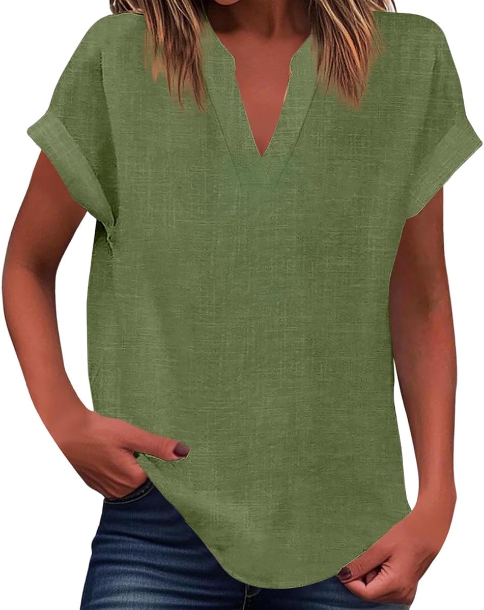 Primavera Tops para las mujeres 2026 Casual V Cuello Algodón Lino Camisas Manga Corta Suelta Ajuste Ligero Blusa Túnica
