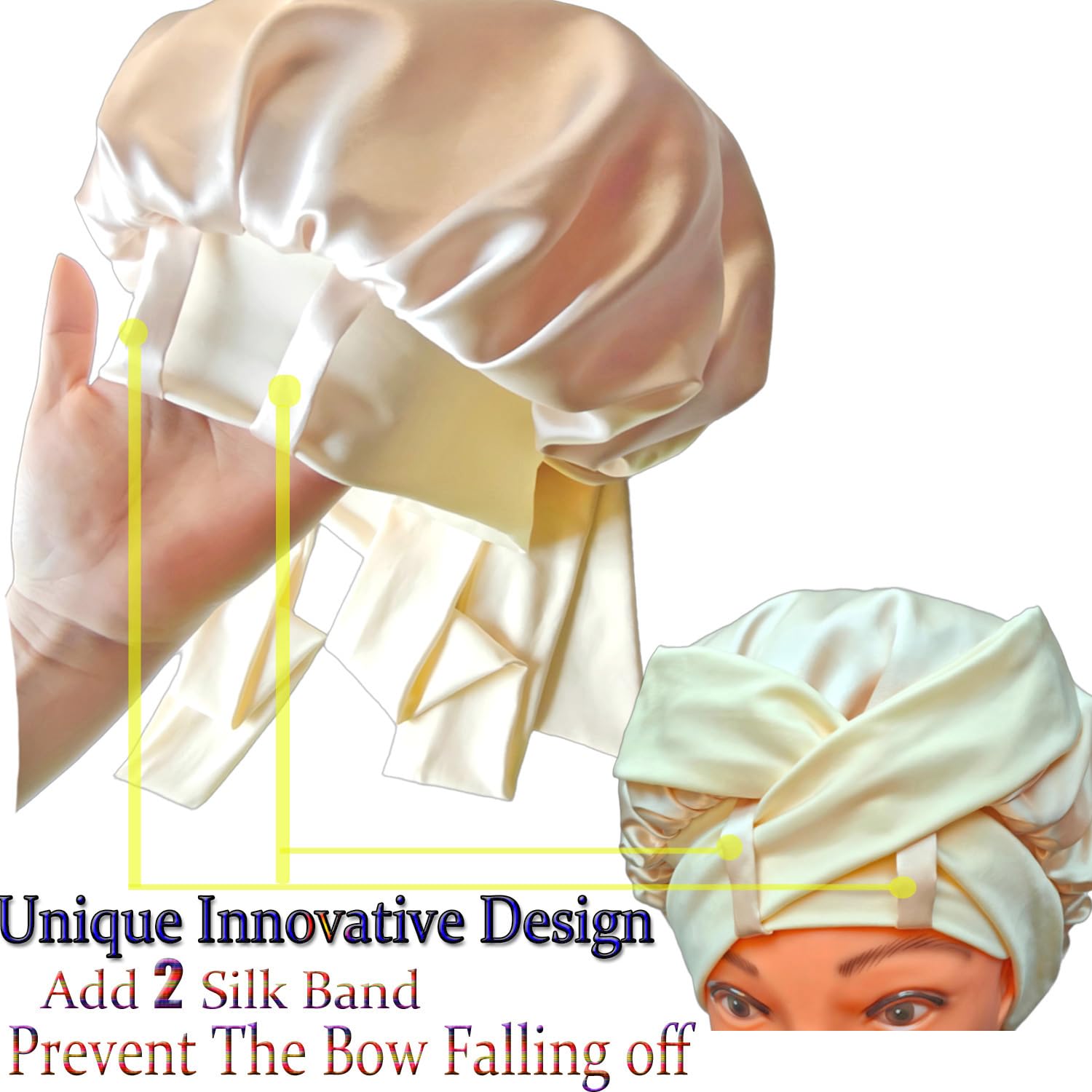 FZHGVML Silk Hair Bonnet for Sleeping with Tie Double-Sided Satin Silk Bonnet for Women & Girls Curly Hair Care - Image 2