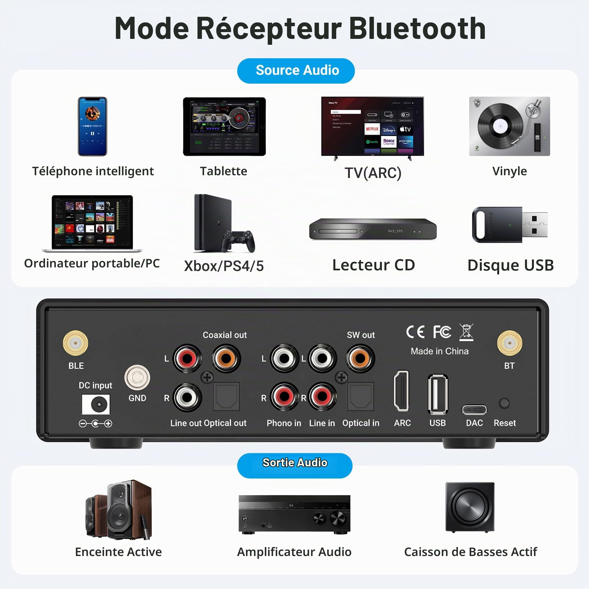 BP50 Récepteur Bluetooth 5.2 aptX stéréo HDMI ARC Application GO. Adaptateur audio Bluetooth DAC RCA récepteur AV préamplificateur stéréo.