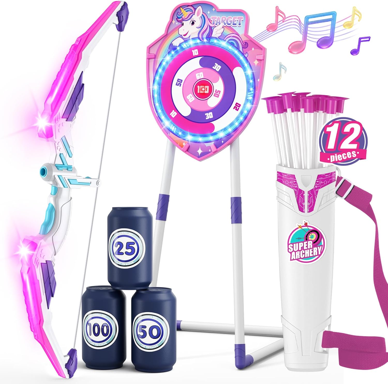 Bow and Arrow for Kids, LED Light Up Unicorn Archery Set with 12 Suction Cup Arrows, 1 Standing Glow Target, 3 Score Targets & 1 Quiver, Indoor Outdoor Sport Toys for Boys Girls Ages 4-12