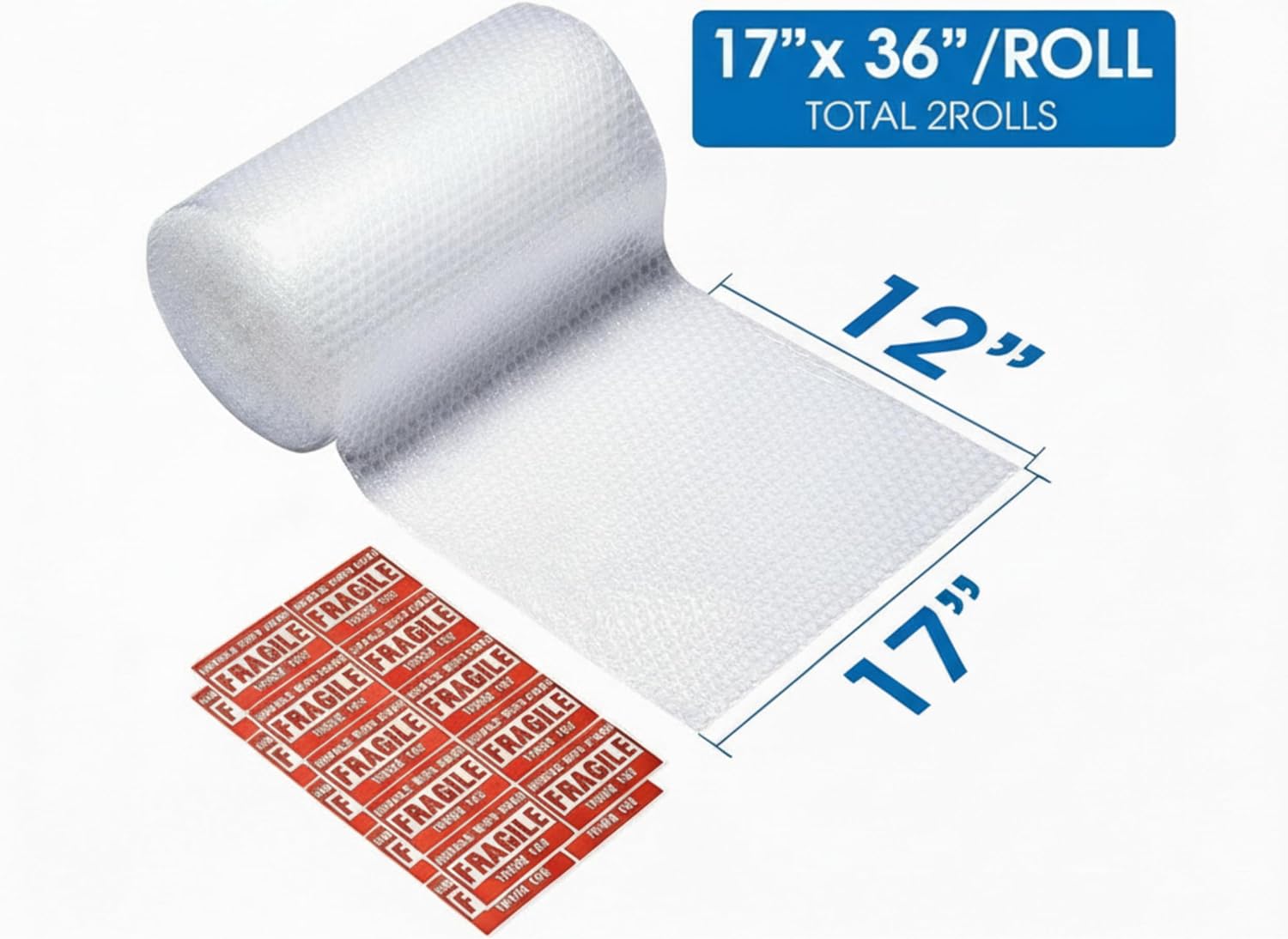 Bubble Cushioning Wrap Roll, Sumono 17 Inch x 72 Feet Total [2 Rolls of 36 Feet] Bubble Roll Perforated 12 Inch Included 20 Fragile Sticker Label