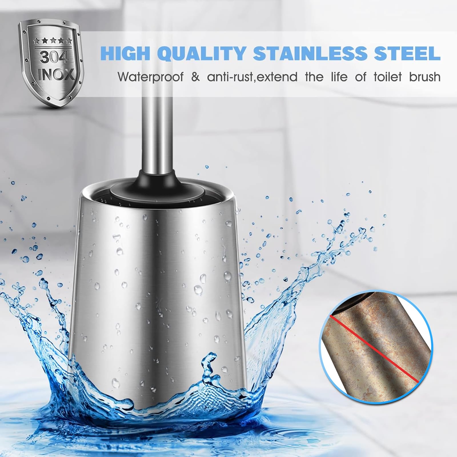 HAMITOR Juego de 2 soportes para escobilla de inodoro de silicona de acero inoxidable para limpieza profunda, para baño, accesorios compactos y modernos con organizador