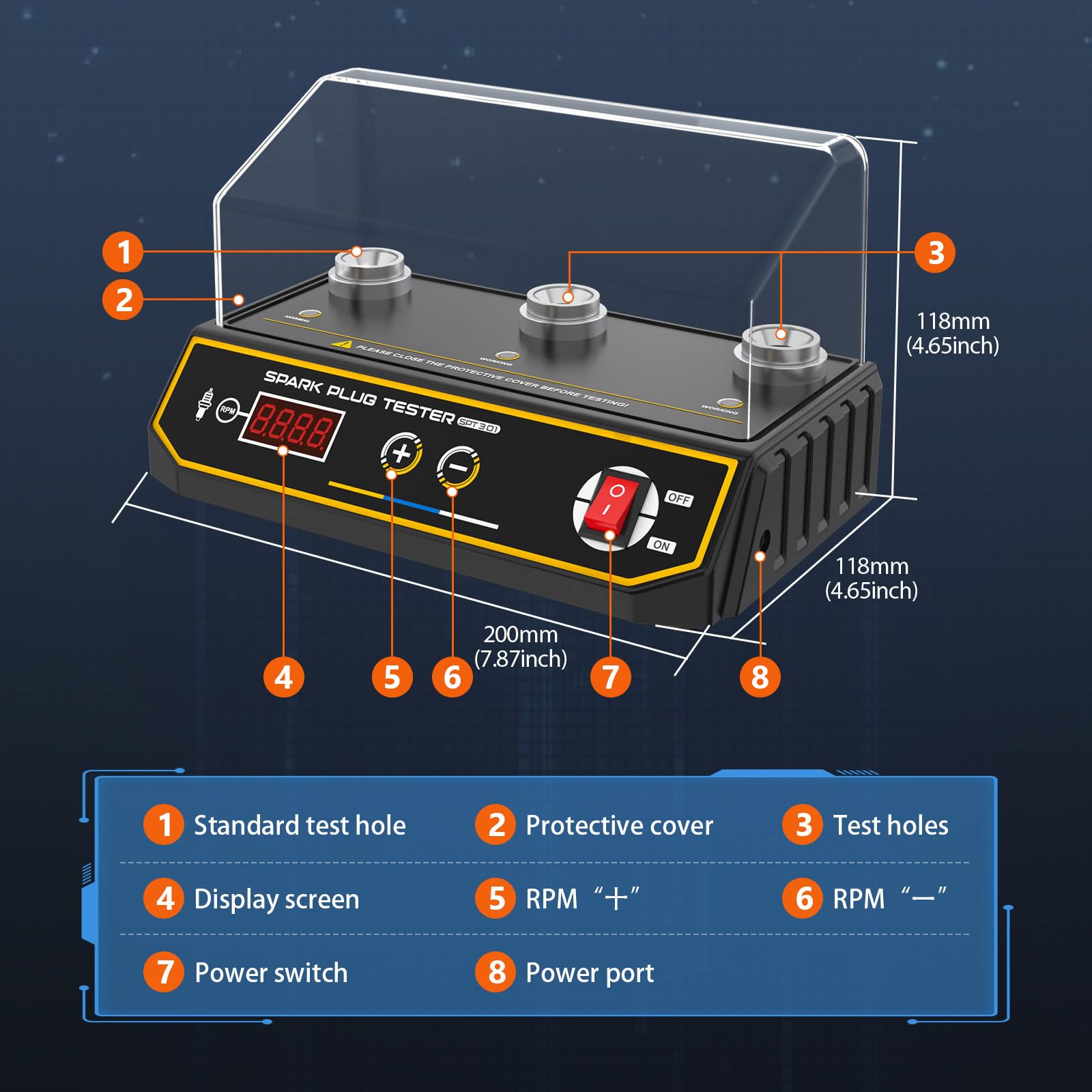 Tester per candele per auto, analizzatore per candele di accensione per motori automobilistici da 220 V Tester di accensione da 200-9000 giri/min con copertura protettiva con presa da 12 mm a tre fori