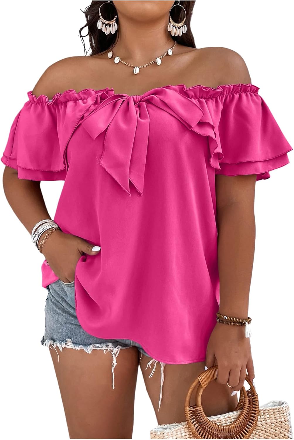 MakeMeChic Women's Plus Size Off Shoulder Top Tie Front Layered Ruffle Short Sleeve Blouse Top