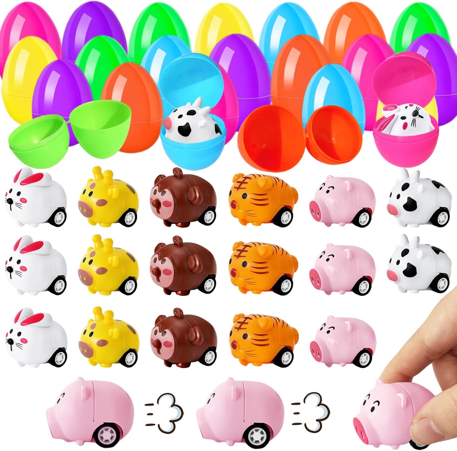 Niurewan 30Pcs Easter Eggs with Pull Back Car Toys,Mini Little Animal Vehicles Car Toys for Toddler Boy Girl,Plastic Easter Eggs Filler Gift for Goodie Bag Fillers