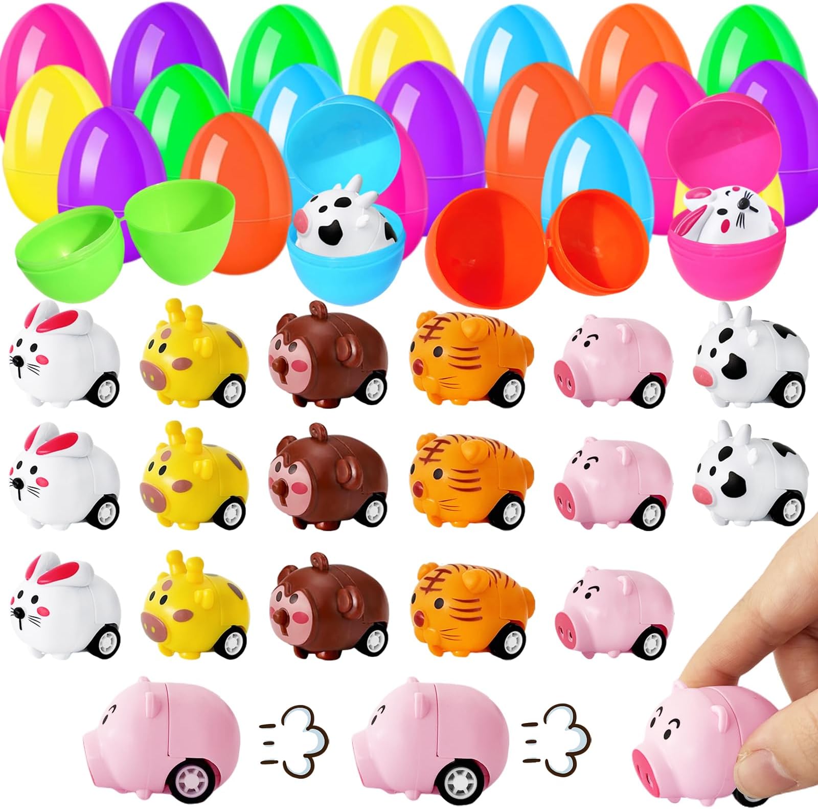 Niurewan 30Pcs Easter Eggs with Pull Back Car Toys,Mini Little Animal Vehicles Car Toys for Toddler Boy Girl,Plastic Easter Eggs Filler Easter Gift for Goodie Bag Fillers,Easter Egg Hunt Party Favor