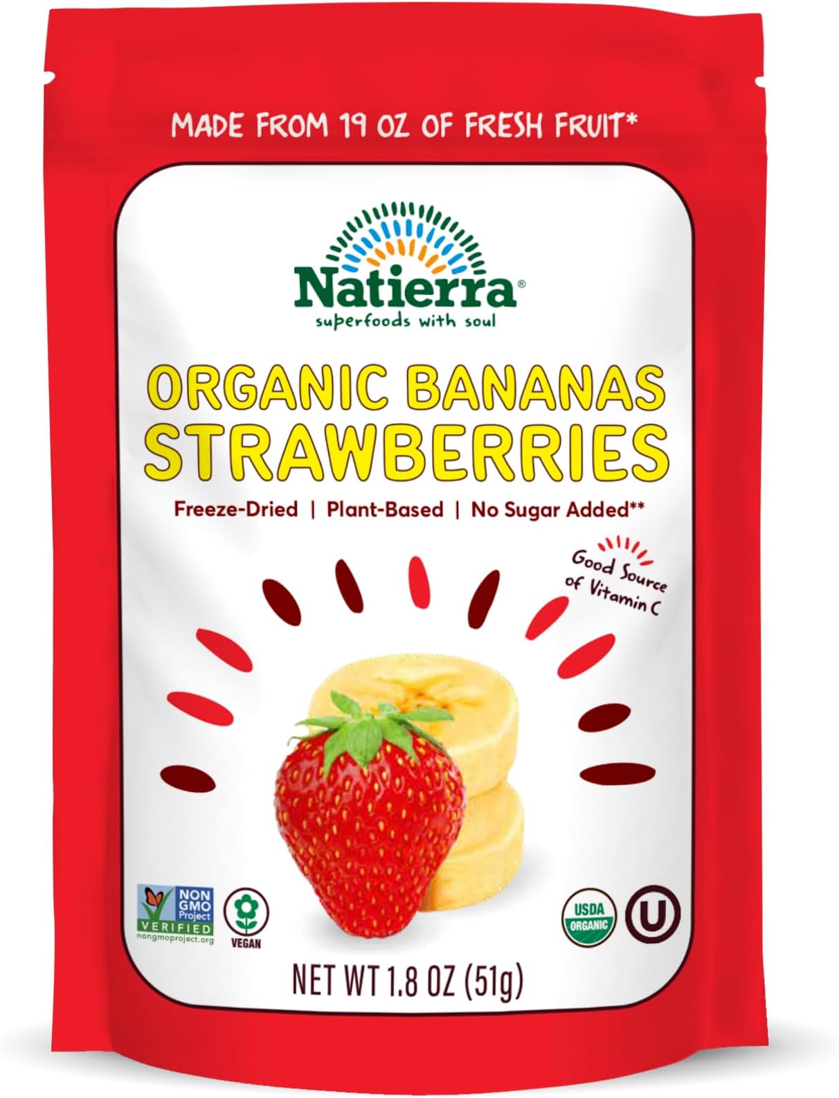 NATIERRA Nature's All Foods Organic Freeze-Dried Bananas and Strawberries | Non-GMO & Vegan | 1.8 Ounce