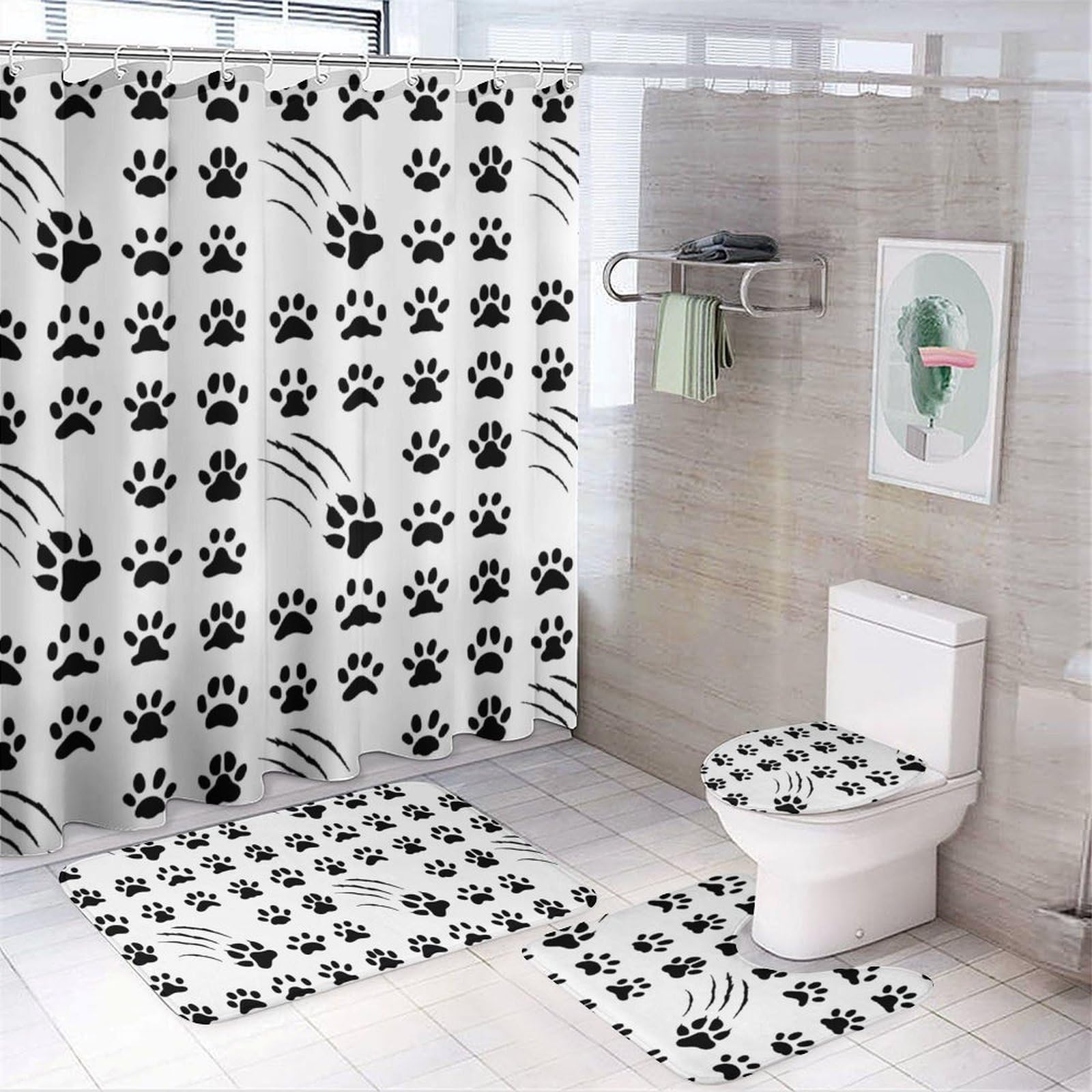 JZemdybill Bathroom Mat Set 4 Piece, Animal Paw Prints Shower Curtain with Non-Slip Bath Mats for Bathroom