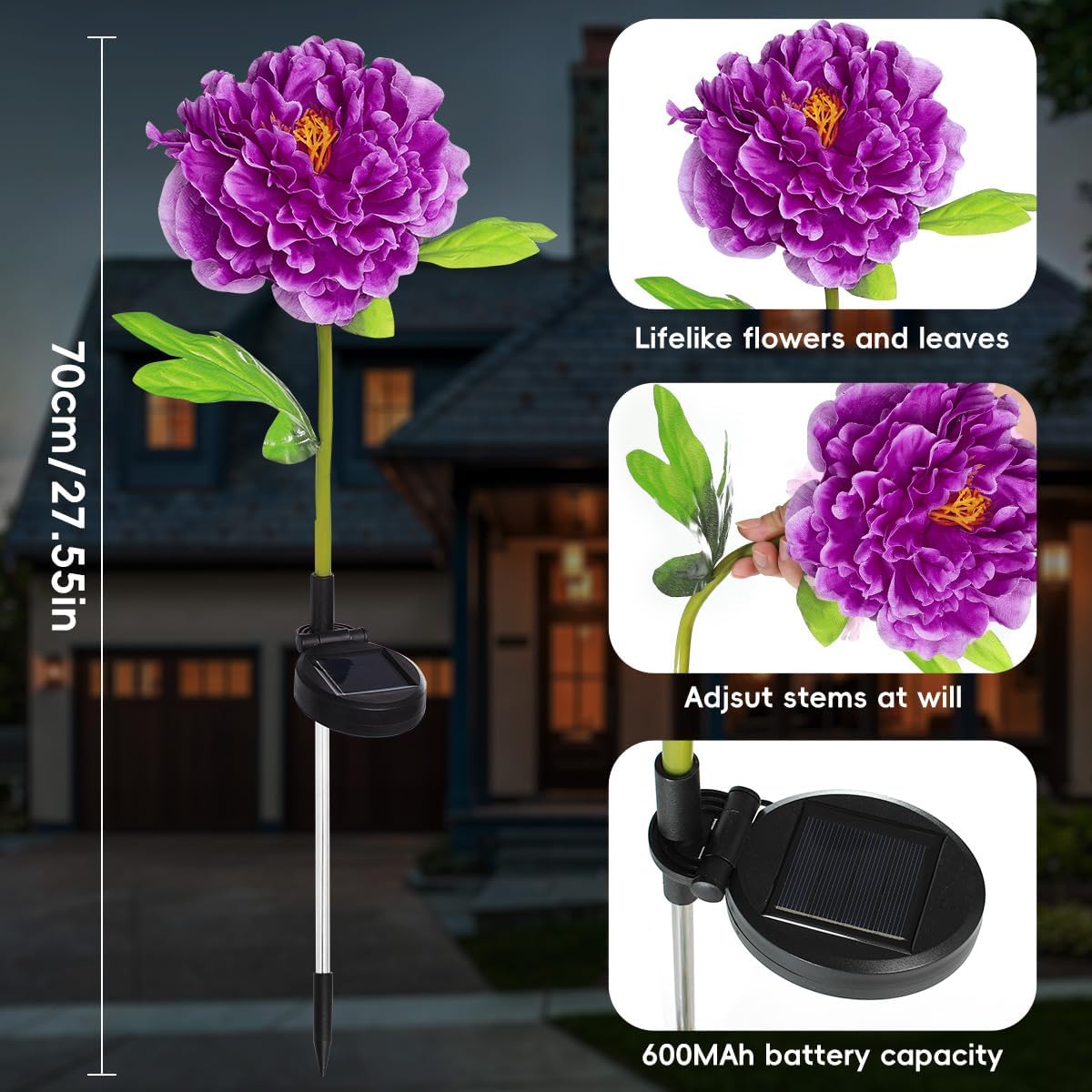 Aolyty Solar Flower Garden Lights, Single Head Peony Light, Outdoor Decoration Solar Stake Lights, 2 Pack IP65 Waterproof LED Landscape Light for Pathway Walkway Patio Lawn Garden (White)