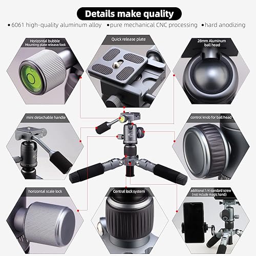 Miniatura 7 de Glorich Mini trípode portátil de mesa de 20 pulgadas con cabeza de bola de 360 grados, trípode de escritorio de viaje pequeño de aleación de