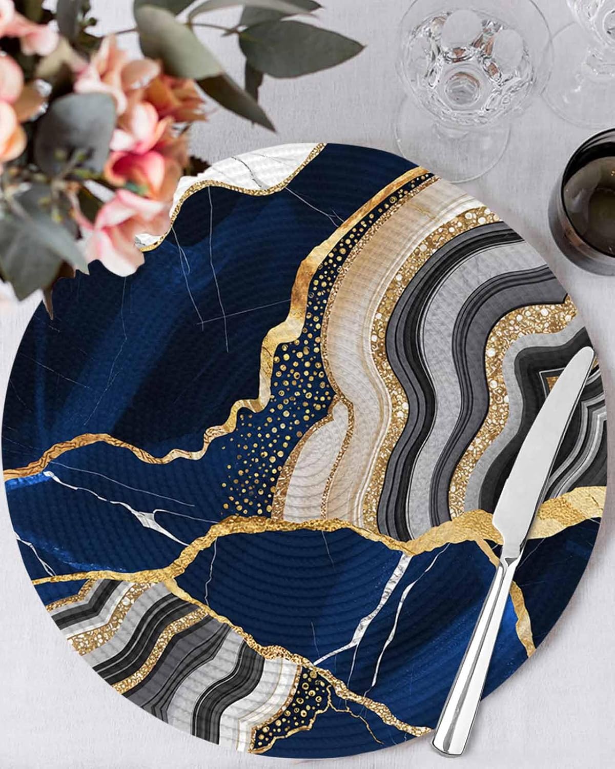 Round Placemats Set of 4 Blue Marble Texture Place Mats Washable Woven Placemat Abstract Gold Fluid Circle Braided Table Mat for Kitchen Dining Table Party Home Decor 15 Inch