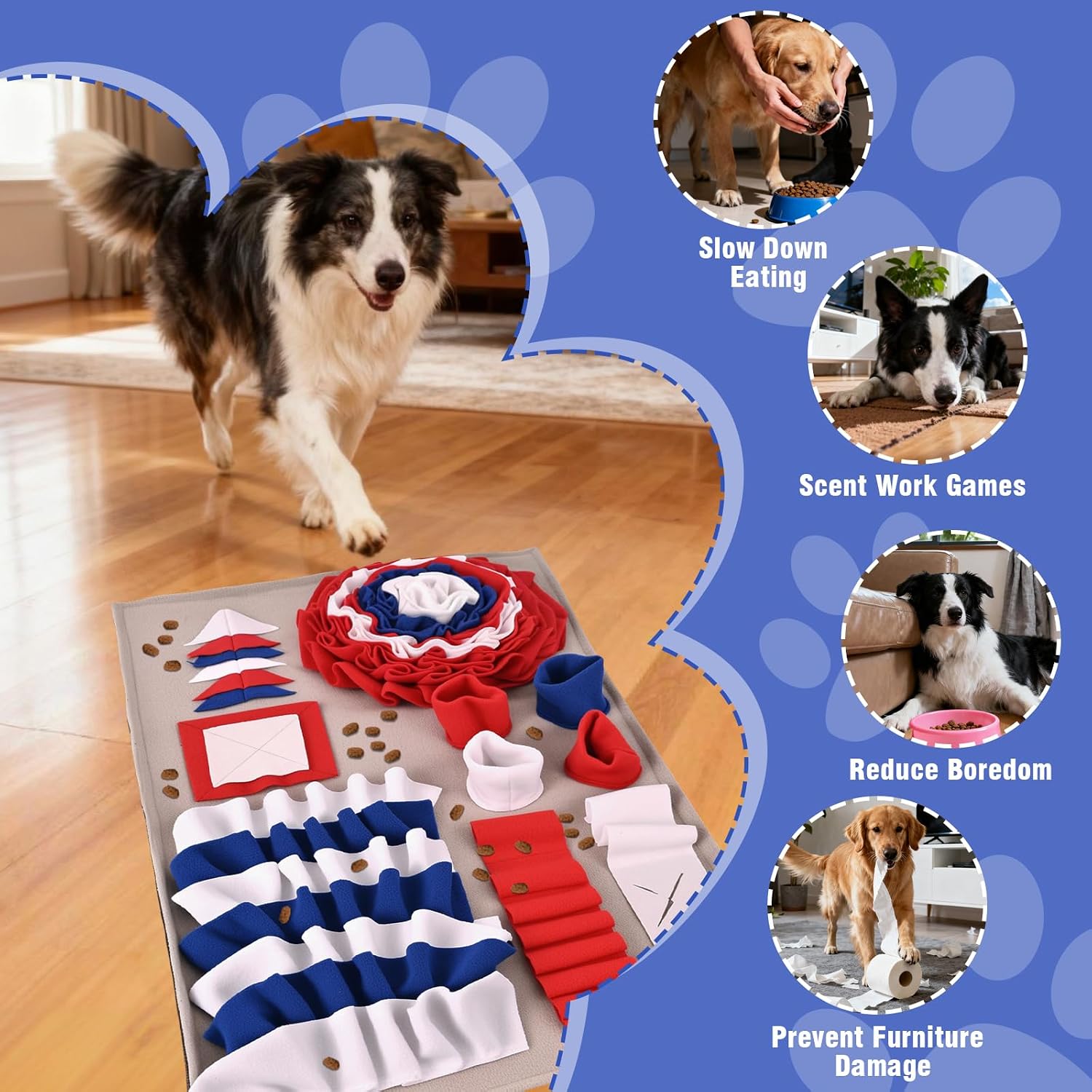 Snuffle Mat for Dogs, 32'' Long Slow Feeder Dog Treat Mat Interactive Dog Puzzle Toy Sniff Mat for Slow Eating Encourages Natural Foraging Skills for All Breeds Indoor & Outdoor Use (Blue)