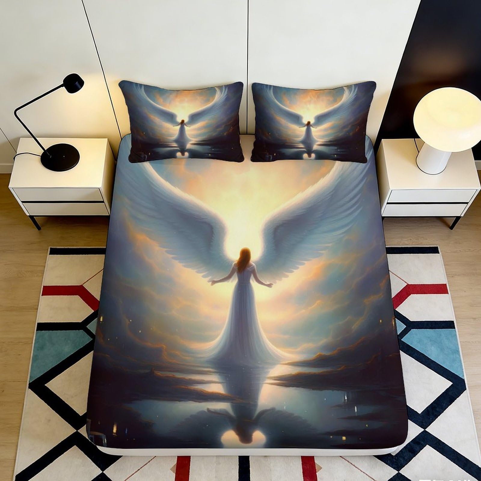 3D Printed Angel Wings Fitted Sheet Microfiber Soft Durable Ethereal Glow Bed Cover for Bedroom Dormitory Guest Room Protection and Decoration 160x200x25cm