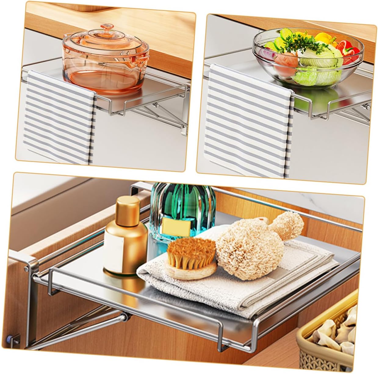 Stainless Steel Foldable Kitchen Door Hanging Shelf Organizer Non-punching Space-saving Spice Rack Storage for Cabinets Anti-aging Shelf with Strong Load-bearing for Residential