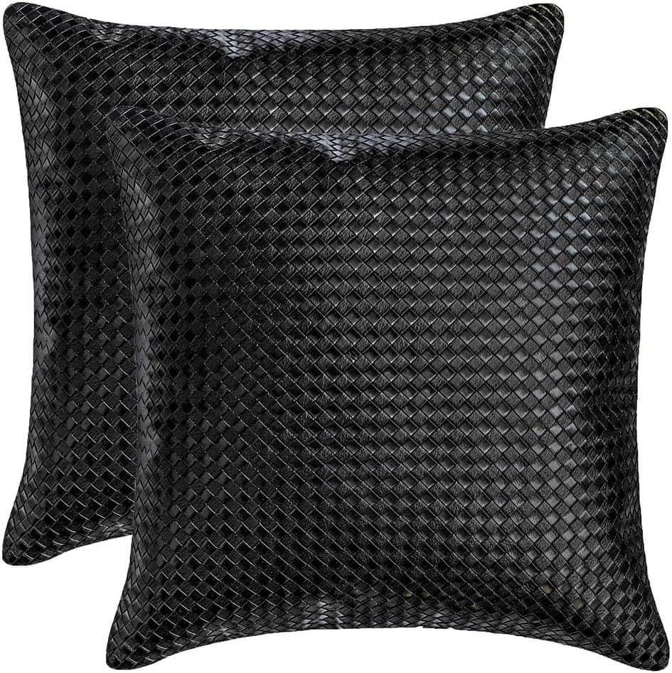 The HomeCentric Decorative Black 16"x16" (40x40 cm) Throw Pillows, Faux Leather Textured, Basket Weave, Solid, Metallic Throw Pillows for Couch, Solid Pattern Modern - Tanner Black