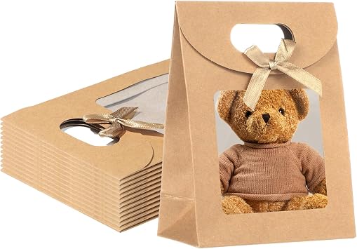 Liobelon 12 Pieces Kraft Paper Gift Bags with Clear Window, Stand Up Gift Bag With Handles Packaging Bag with Bow for Candy Cookies Party Store brown, 6.3 x 4.7 x 2.4inch