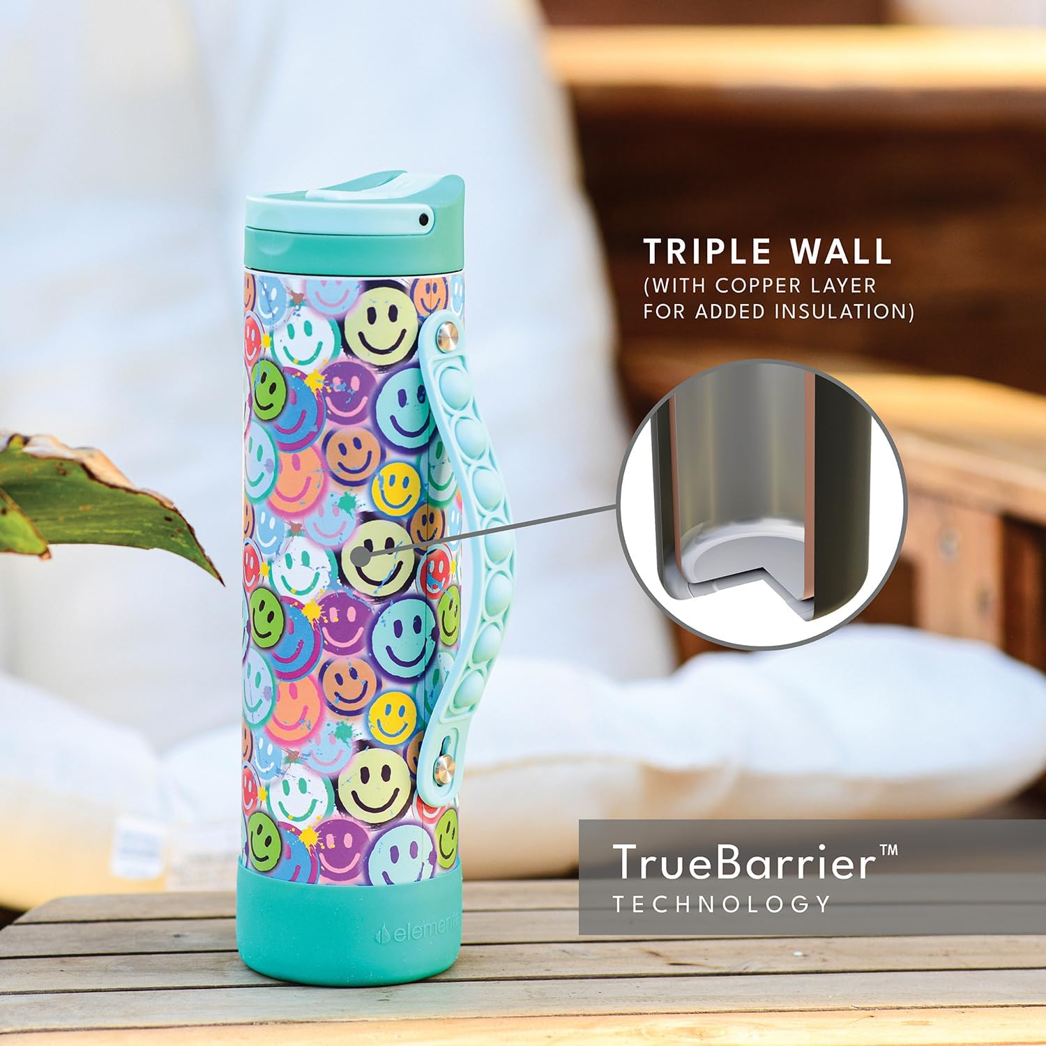 Elemental Iconic Kids Water Bottle for School - 100% Leak-Proof Insulated Water Bottles with Straw Lid & Pop-It Handle for Boys & Girls - Triple-Wall Insulated & BPA-Free, 20oz – Graffiti Smile - Image 5