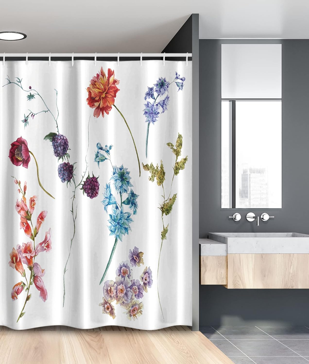 Ambesonne Watercolor Flower Shower Curtain, Colorful Watercolor Wildflowers and Sprigs Flowers Botanical Garden Theme Meadow Art, Cloth Fabric Bathroom Decor Set with Hooks, 69" W x 84" L, Multicolor