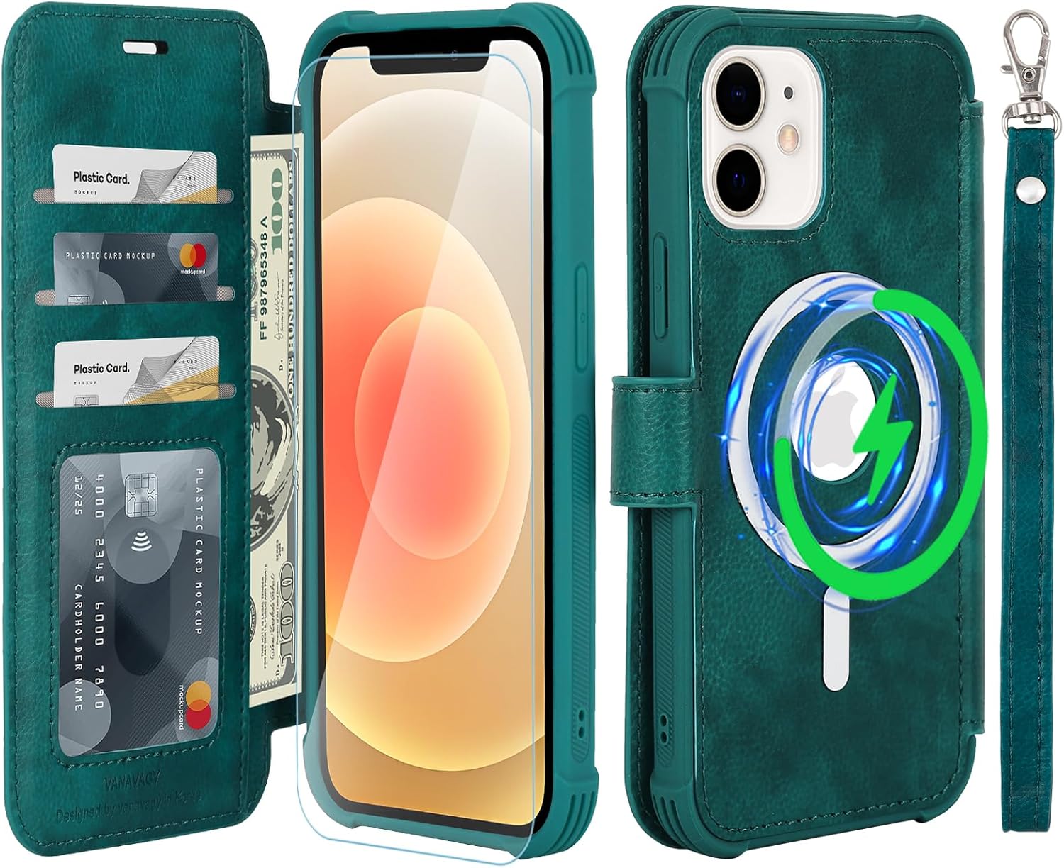 VANAVAGY Compatible for iPhone 12/12 Pro Wallet Case for Magsafe Wireless Charging, PU Leather Flip Phone Cover with Wrist Strap RFID Blocking Card Holder Screen Protector,Midnight Green