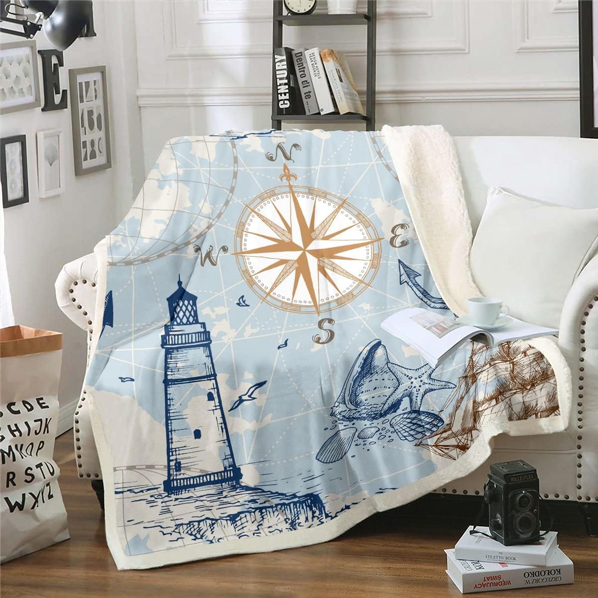 Nautical Anchor Throw Blanket for Couch Bed Vintage Sail Boat Lighthouse Fleece Blanket,Conch Starfish Seashell Sherpa Blanket 40x50 Size Ocean Wave Blanket,Sketch Style World Map Bedroom Decor Soft Color 15 40"x50"
