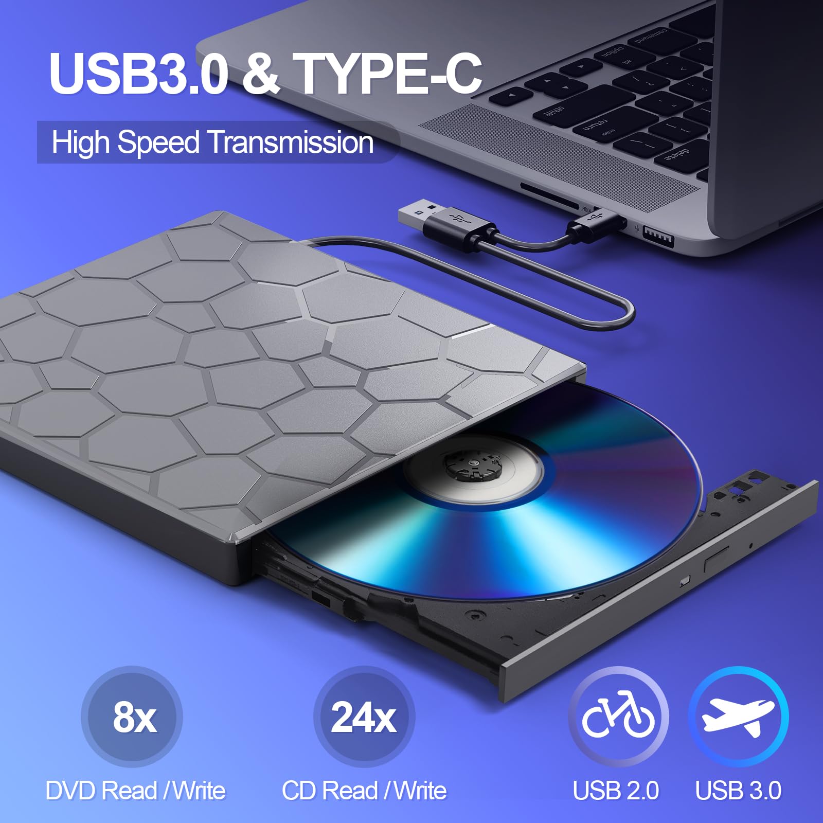 Unidad externa de CD/DVD para laptop, reproductor de DVD para laptop, 8 en 1 USB 3.0 ultradelgada, portátil, grabadora de CD, unidad de disco externa óptica compatible con Mac de escritorio, Windows