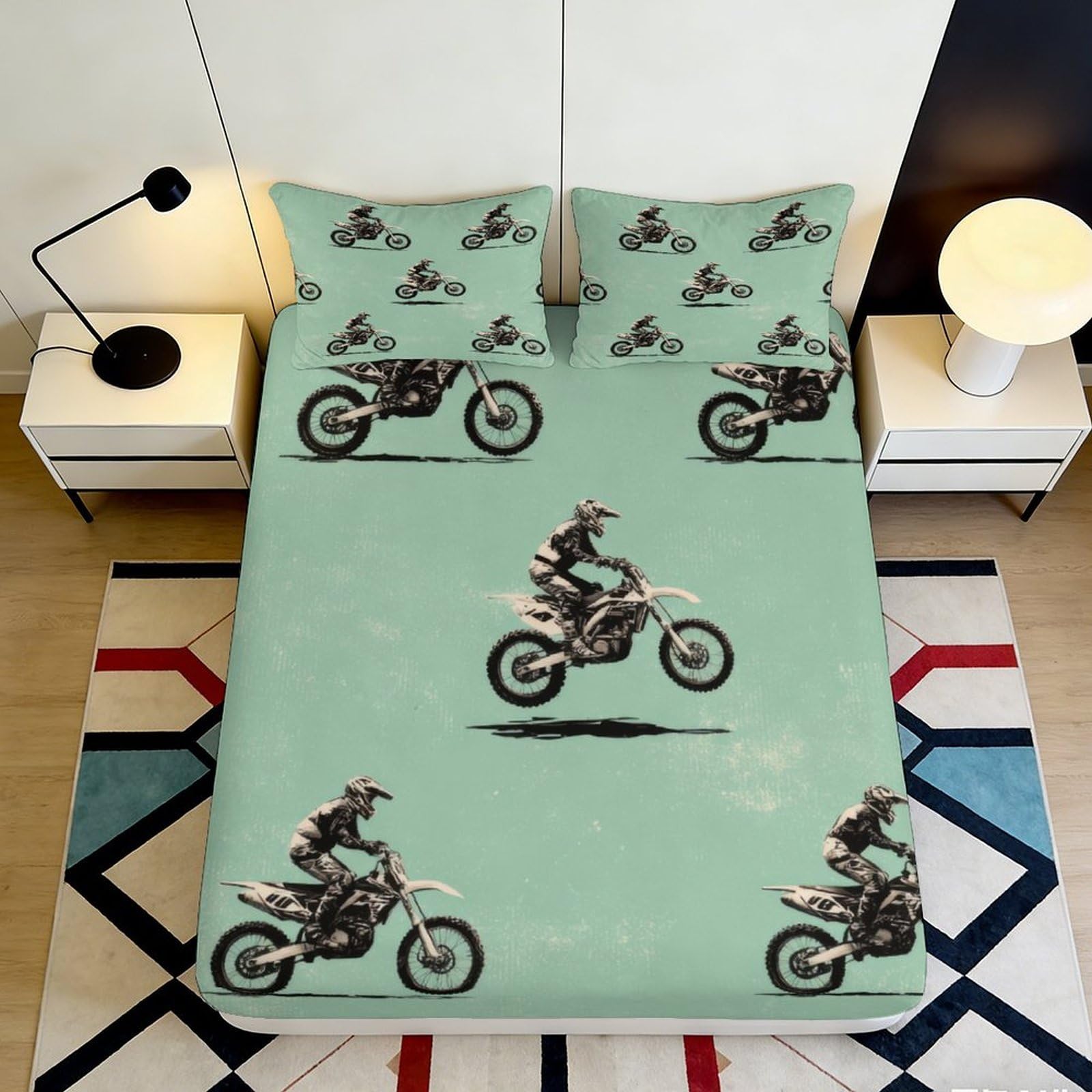 3D Printed Motorcycle Fitted Sheet Microfiber Deep Pocket Non-Slip Bedroom Bedding Motorbike Mattress Fitted Cover Washable for Adults Teens 90x200x25cm