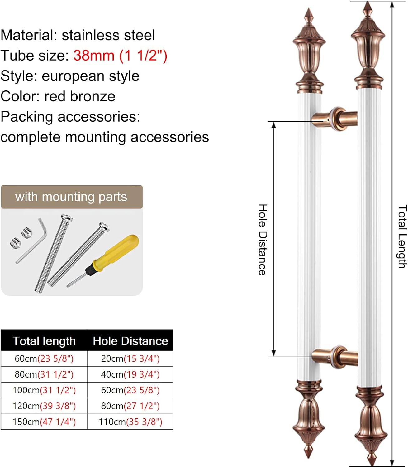Commercial Door Handles, European Style Push Pull Door Handles for Entrance/Wood Door, Double Sided Glass Door Grab with Mounting Screws(Color:Red Bronze,Size:100cm(31 1/2")*60cm)