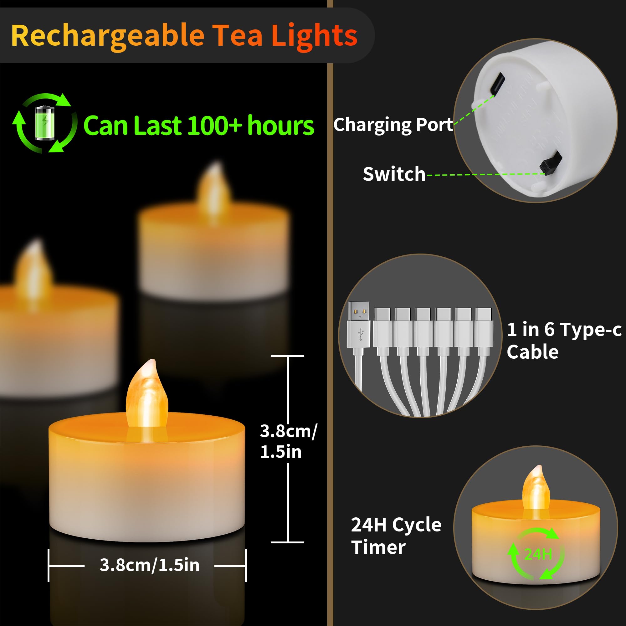 daphomeu Candele LED ricaricabili, 12 candele a LED senza fiamma, con telecomando, funzione timer, ricaricabili tramite USB, candele elettriche per matrimoni, Halloween, Natale, decorazione della casa