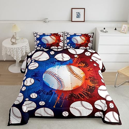 Miniatura 1 de Erosebridal Juego de ropa de cama deportiva para niños, juego de edredón de béisbol tamaño matrimonial, edredón de grafiti rojo y azul, edredón de