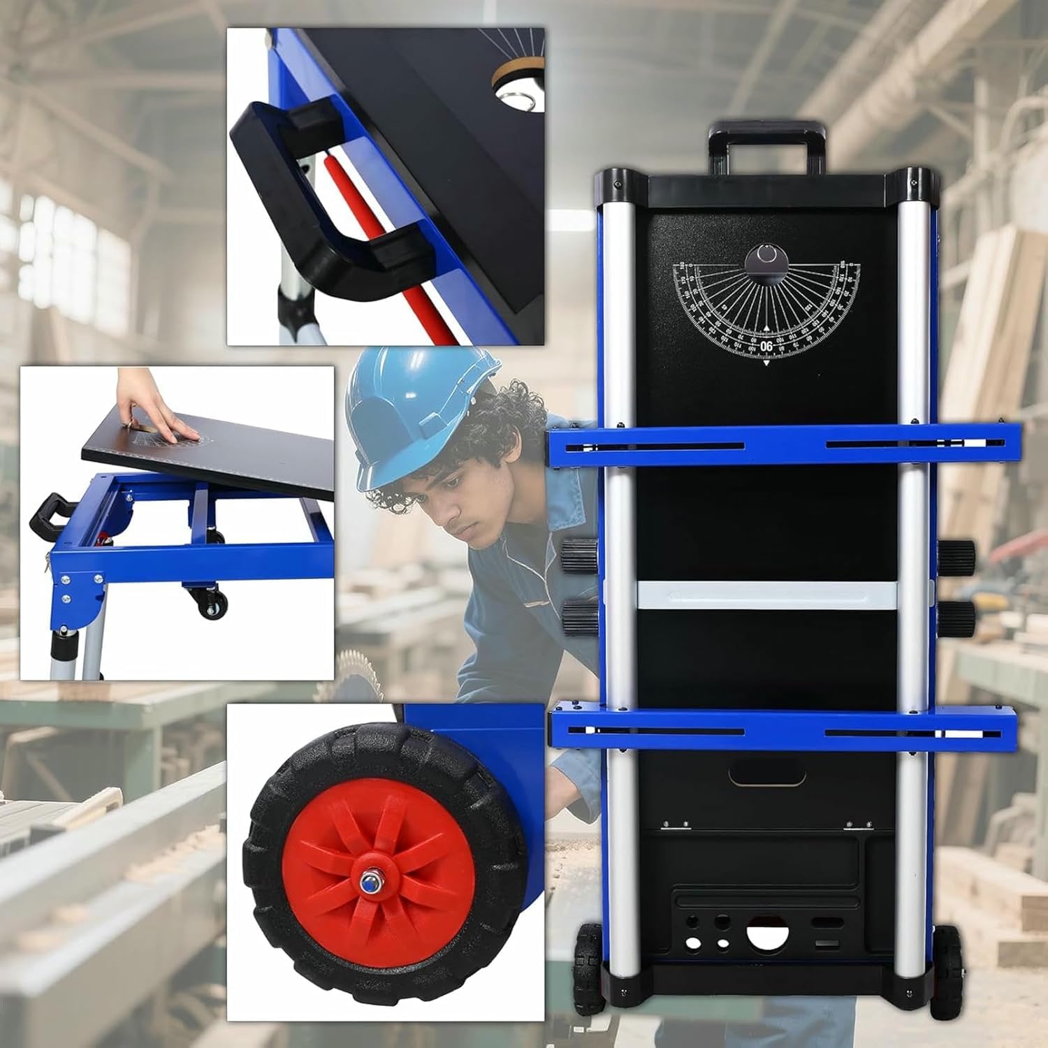 Soporte para sierra ingletadora, banco de trabajo plegable, estación de reparación portátil con andamio desmontable, plataforma rodante, bandeja de herramientas, altura ajustable