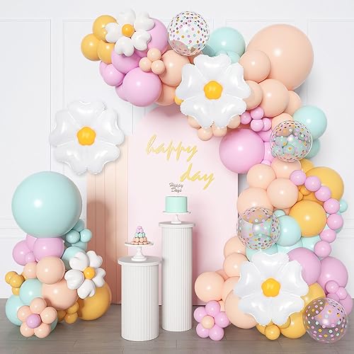 Miniatura 7 de Kit de guirnalda de arco de globos de margarita, 168 unidades, azul pastel, naranja, amarillo, morado, confeti, margarita, globos de flores