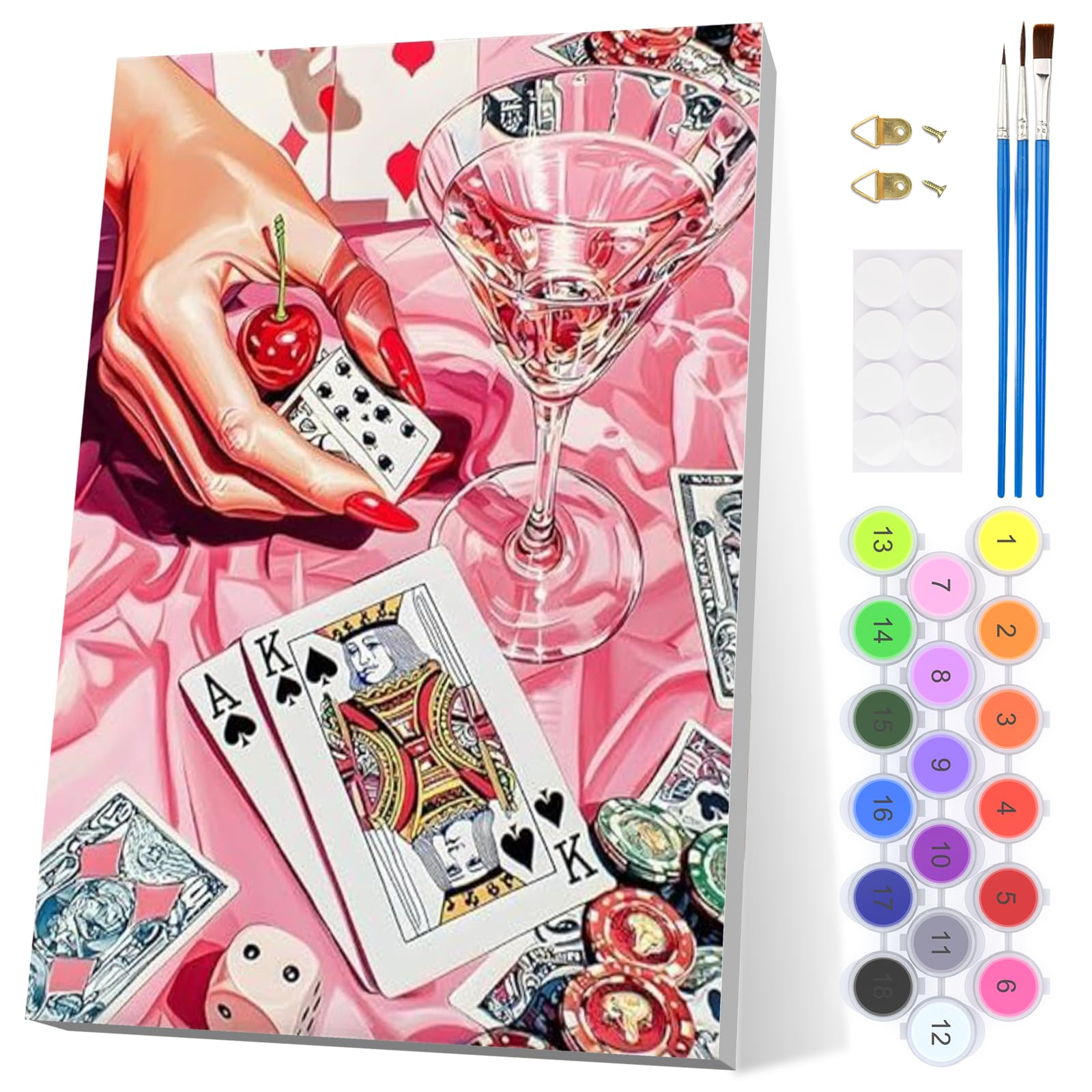 EOBROMD Playing Card Games Paint by Numbers for Adults with Frame, Cocktails Paint by Numbers Kits, Pink Casino Acrylic Easy Painting by Numbers for Gift Home Wall Decor 8x12in