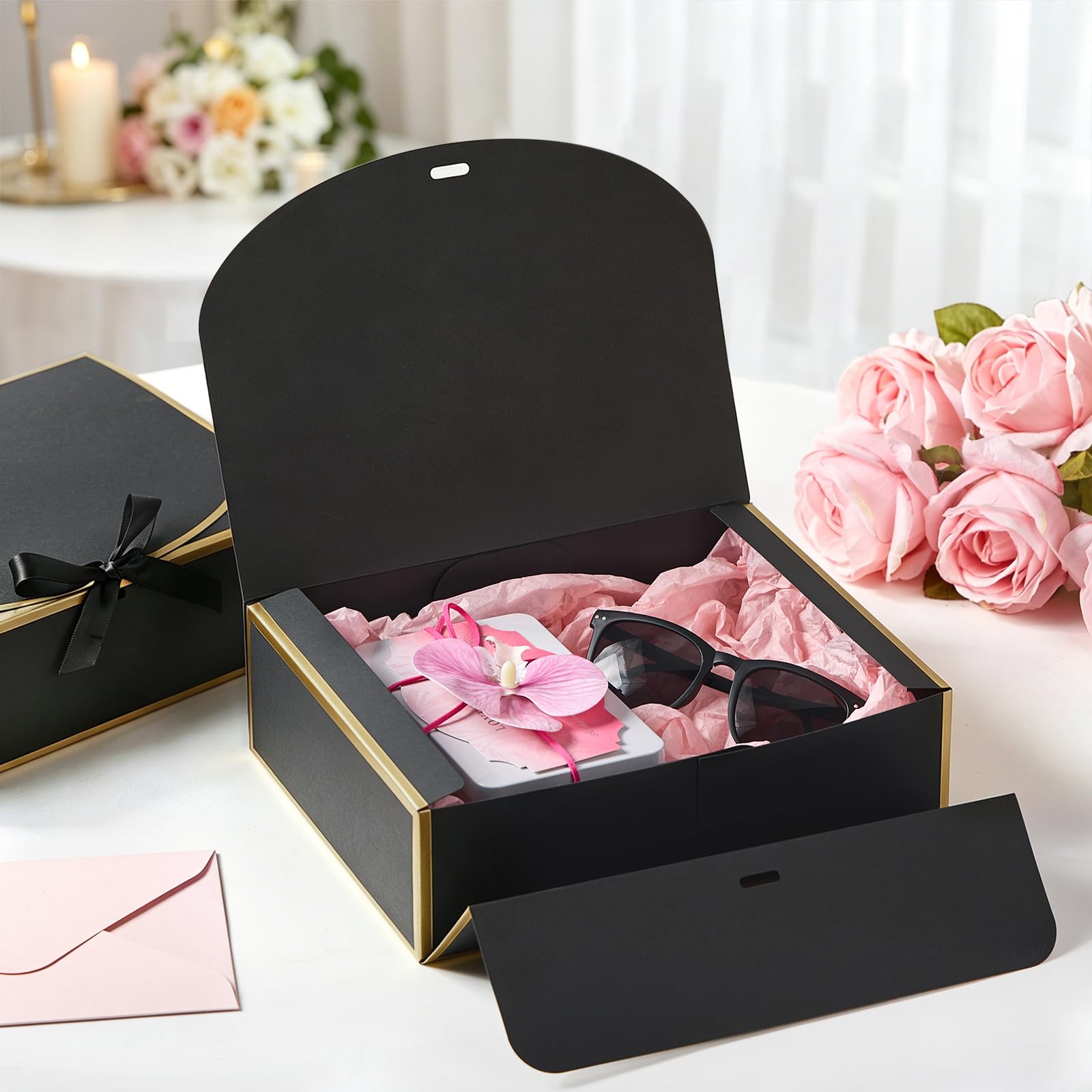 Kucoele 15 scatole regalo con coperchio, 26 x 19 x 7,8 cm, scatole regalo per damigella d'onore, scatole nere e dorate con nastri, per matrimoni, compleanni, lauree, confezione regalo