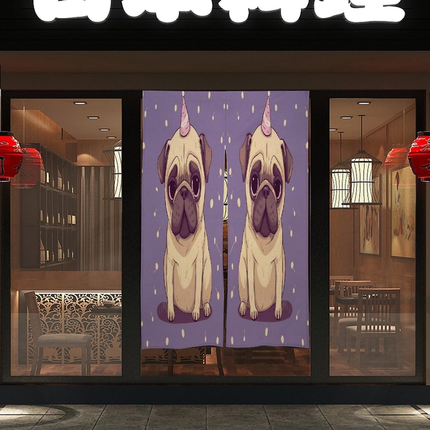 Funny Cartoon Pug Puppy Dog Door Curtain Printed Doorway Noren Japanese Style Doorway Room Divider Curtains for Privacy Partition Divider Kitchen Home Decorations Wall Hanging