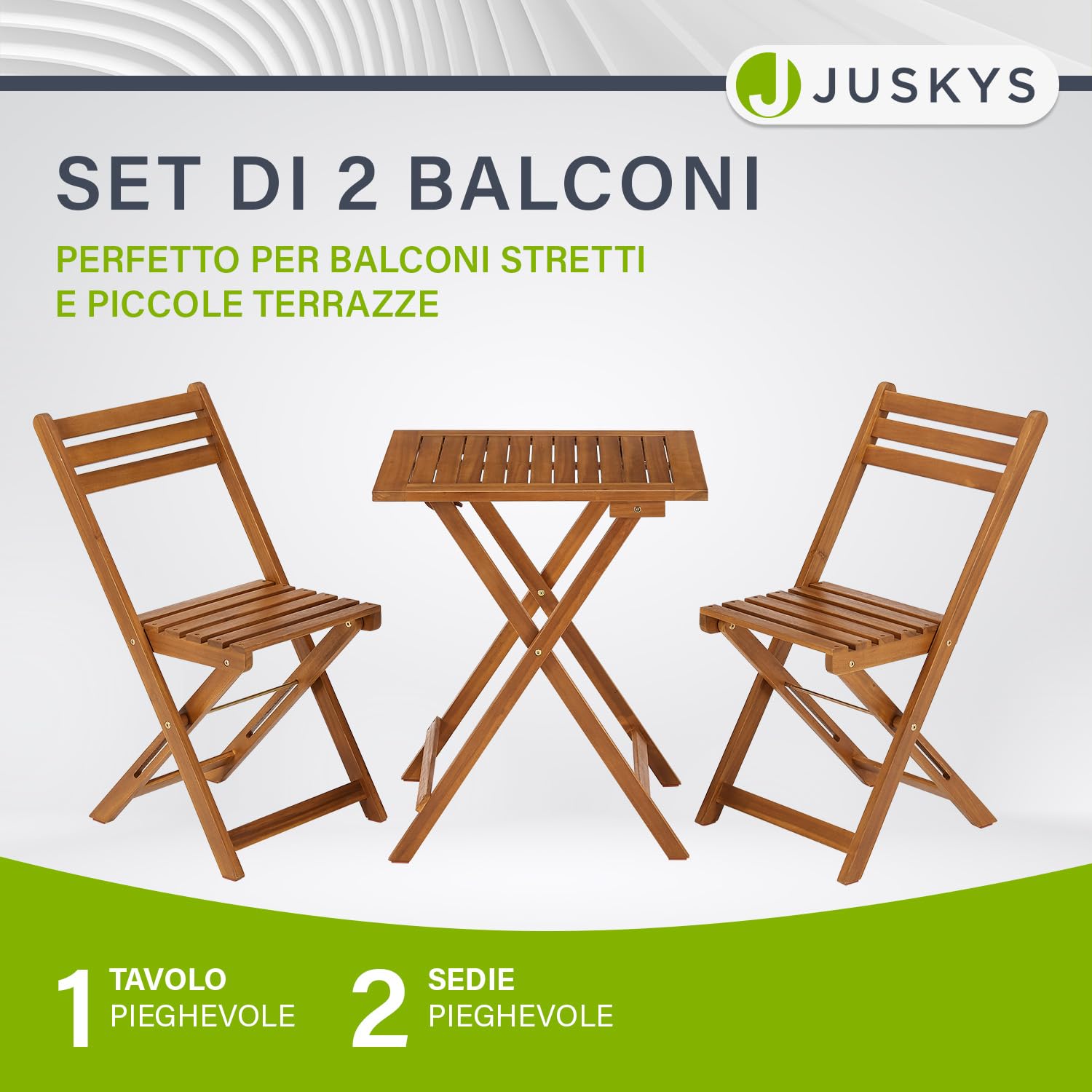 Juskys set di mobili da terrazzo Bala - Set di mobili in legno pieghevoli e salvaspazio da tre pezzi per due persone - Tavolo e sedie da giardino
