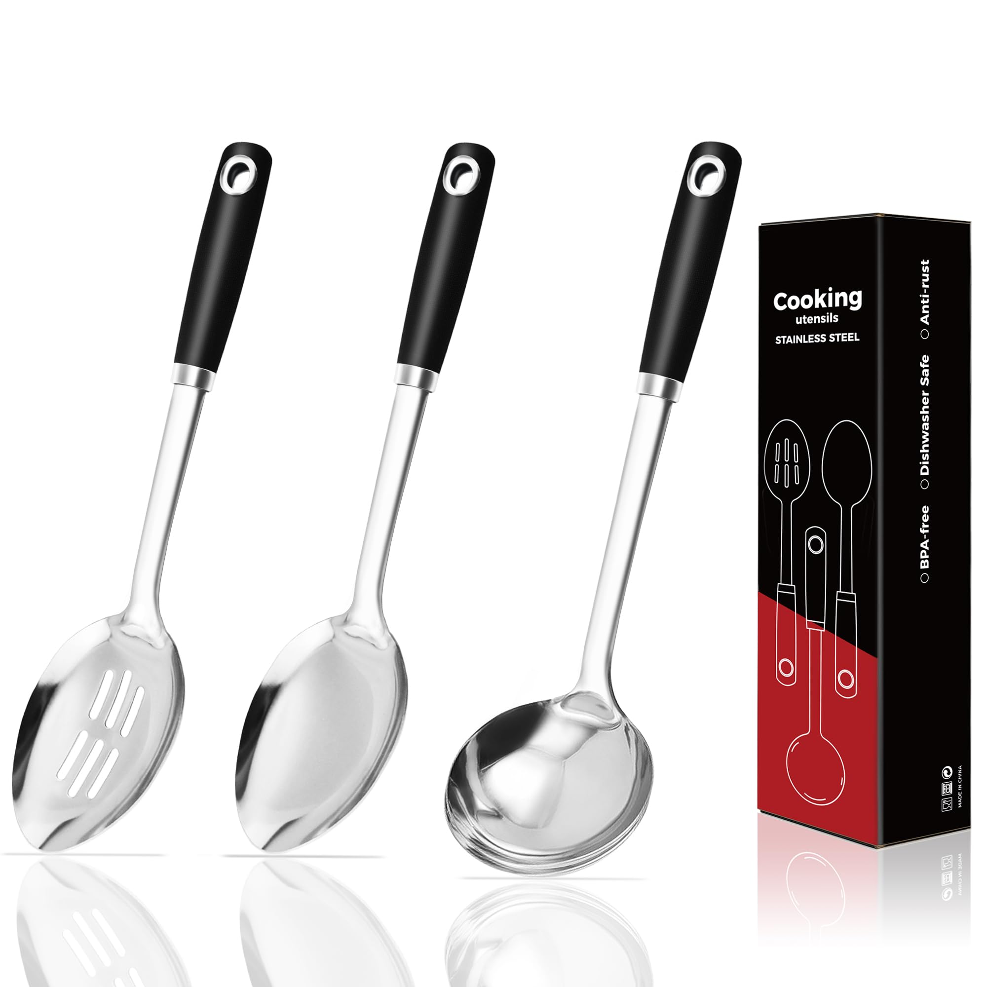 14-in Cooking Spoons Set, Heavy Duty 18/0 Stainless Steel Large Serving Spoons Set, Slotted Spoon, Cooking Spoon & Soup Ladle, Commercial and Residential Use, Pack of 3