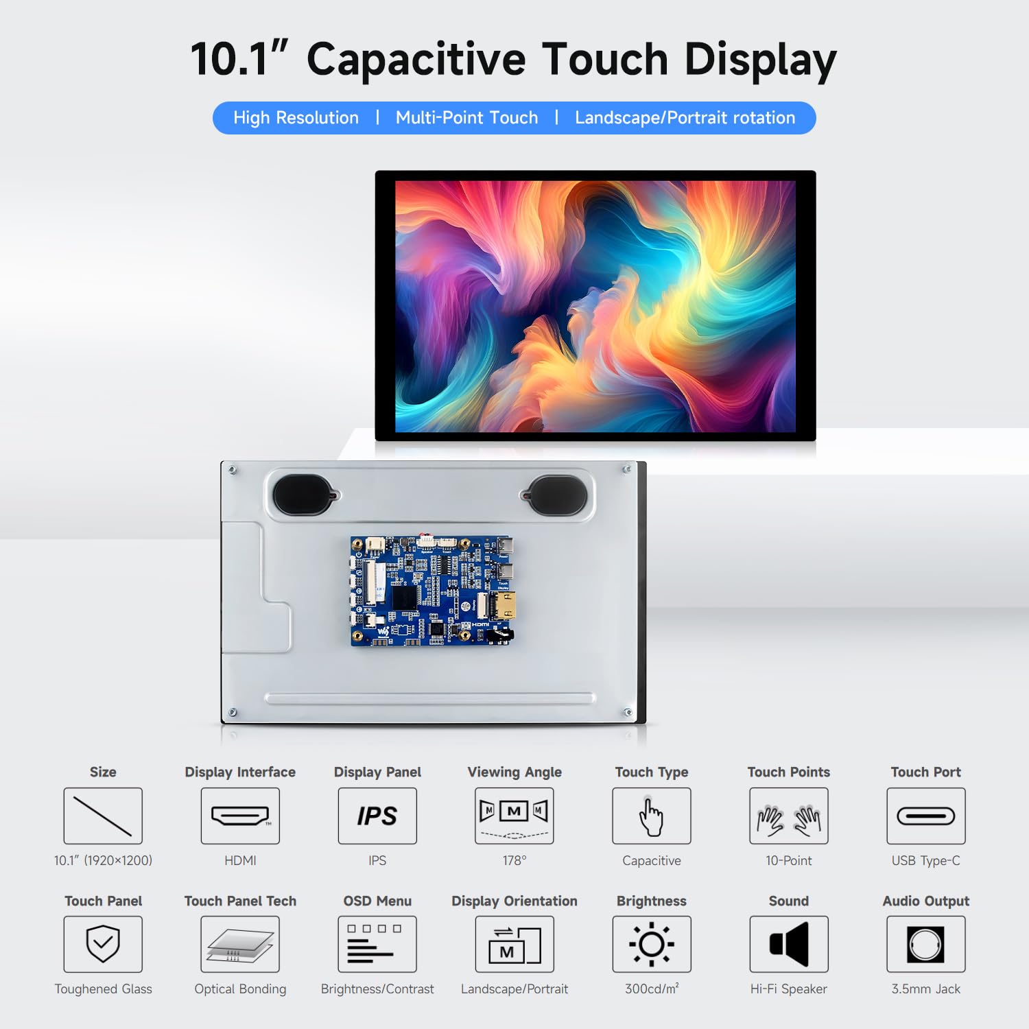 Waveshare 10.1inch High Resolution Capacitive Touch Display Compatible with Raspberry Pi 5/4B/3B/Zero/Zero W/Zero 2W/Pico/Pico, Supports Windows and Jetson Nano, 1920×1200 10-Point Touch IPS Display