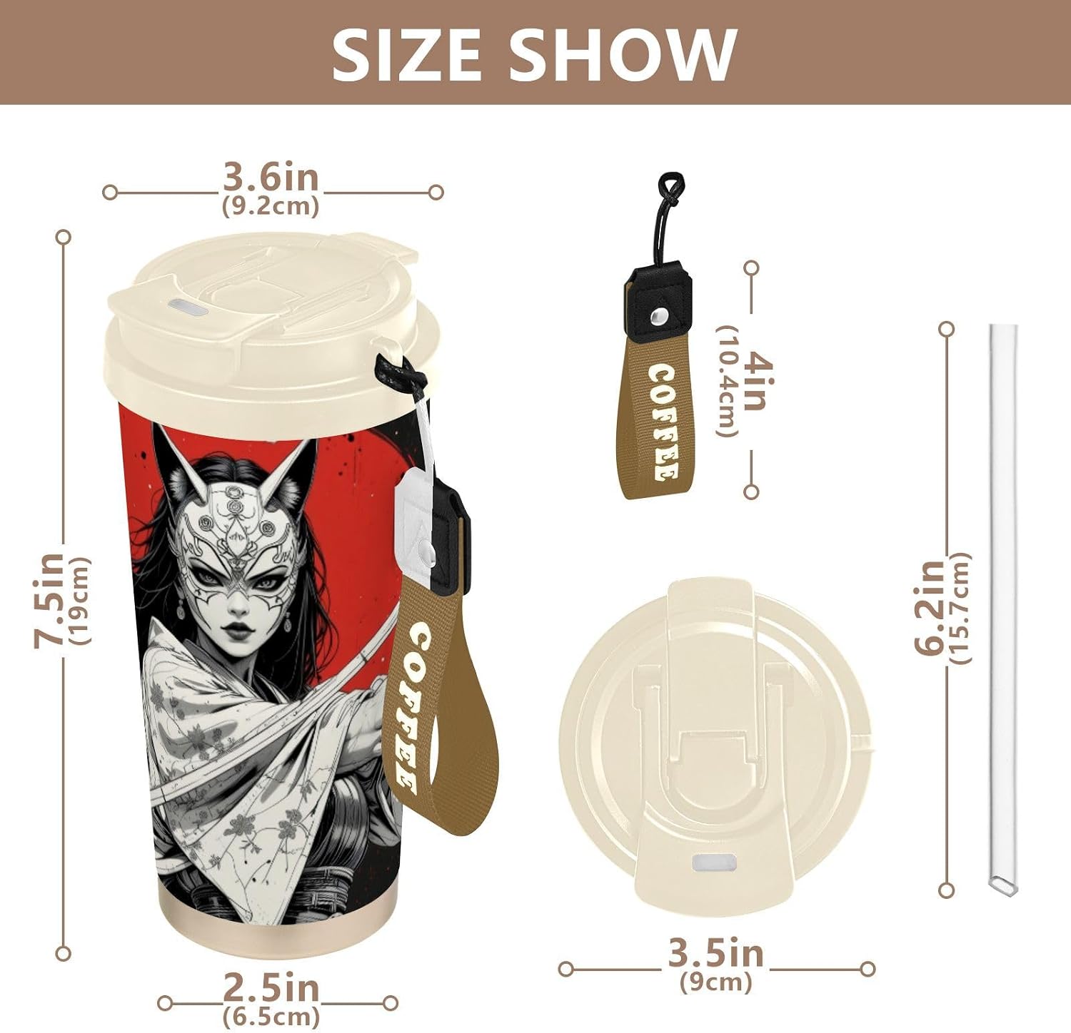 Samurai Mask Red Insulated Coffee Mug with Straw & Flip Lid, 16.9oz Iced Tumbler Cup, Double Wall Vacuum Mug for Travel Office