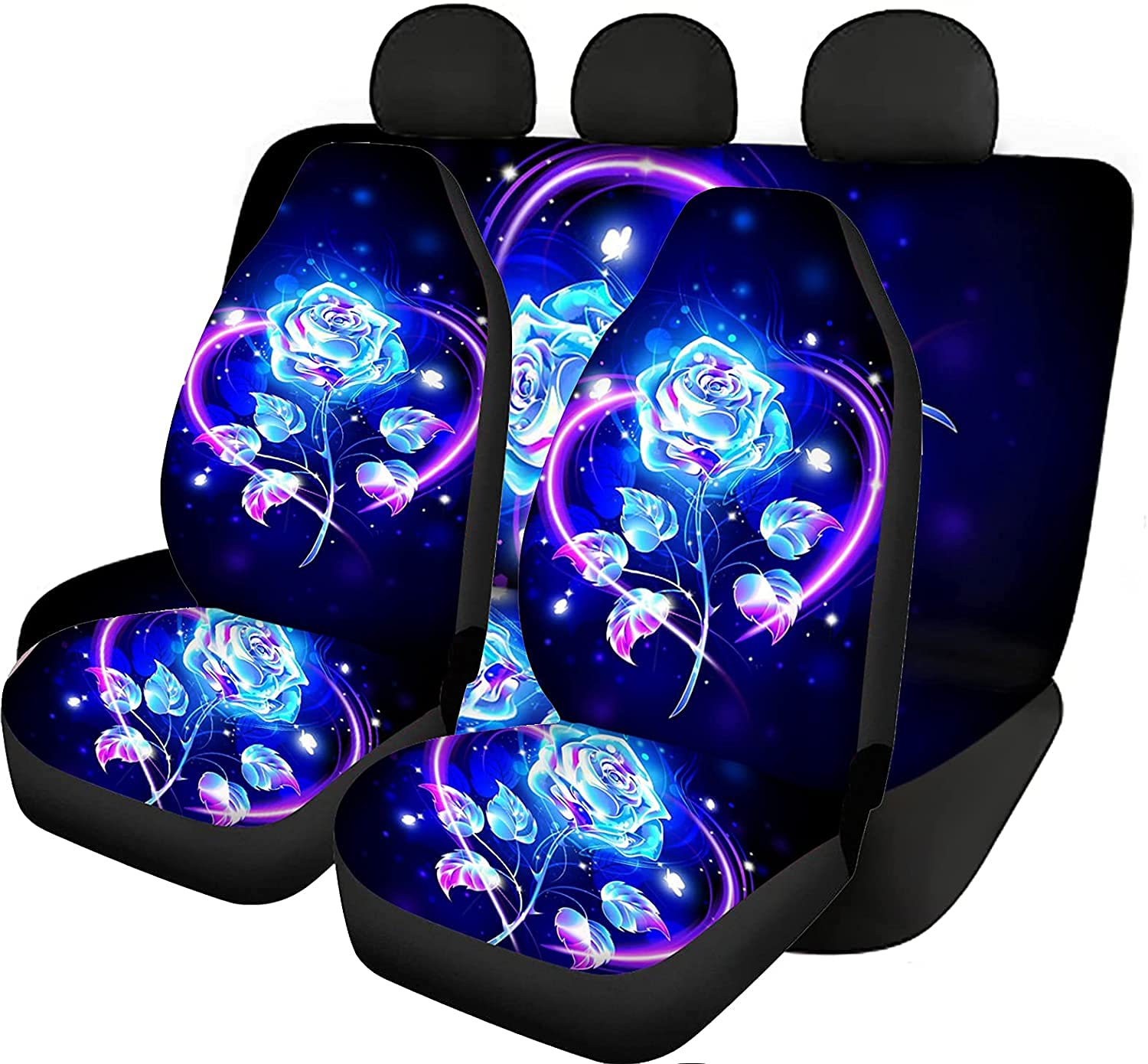 KEIAHUAN Blue Rose Print Car Seat Covers Set for Women Girl,Auto Interior Seat Protector Front Car Seat Covers with Rear Bench Cover Soft Comfortable Seat Bench Cover